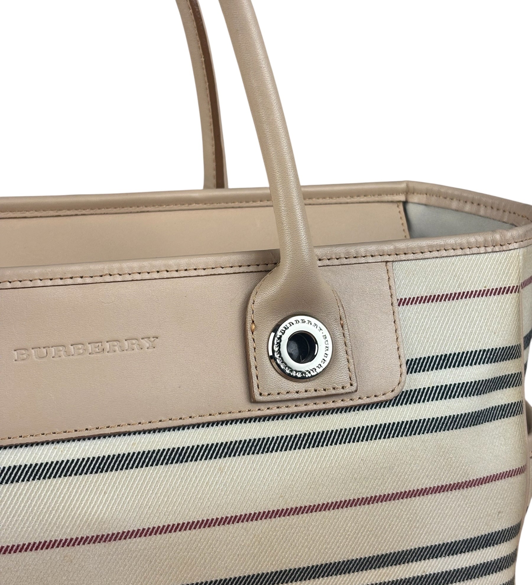 Burberry Multi-Color Leather Trim Striped Canvas Tote Bag