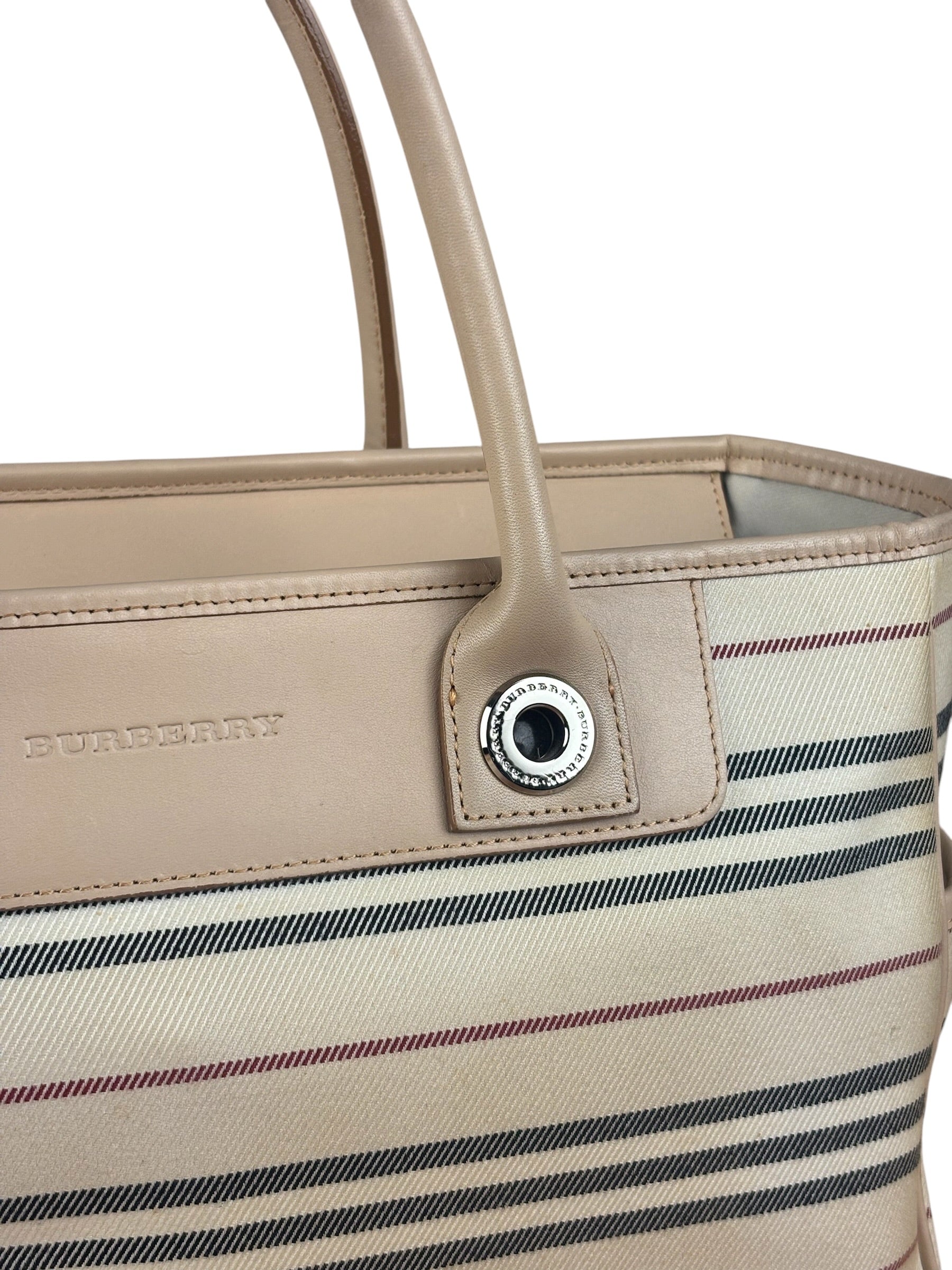 Burberry Multi-Color Leather Trim Striped Canvas Tote Bag