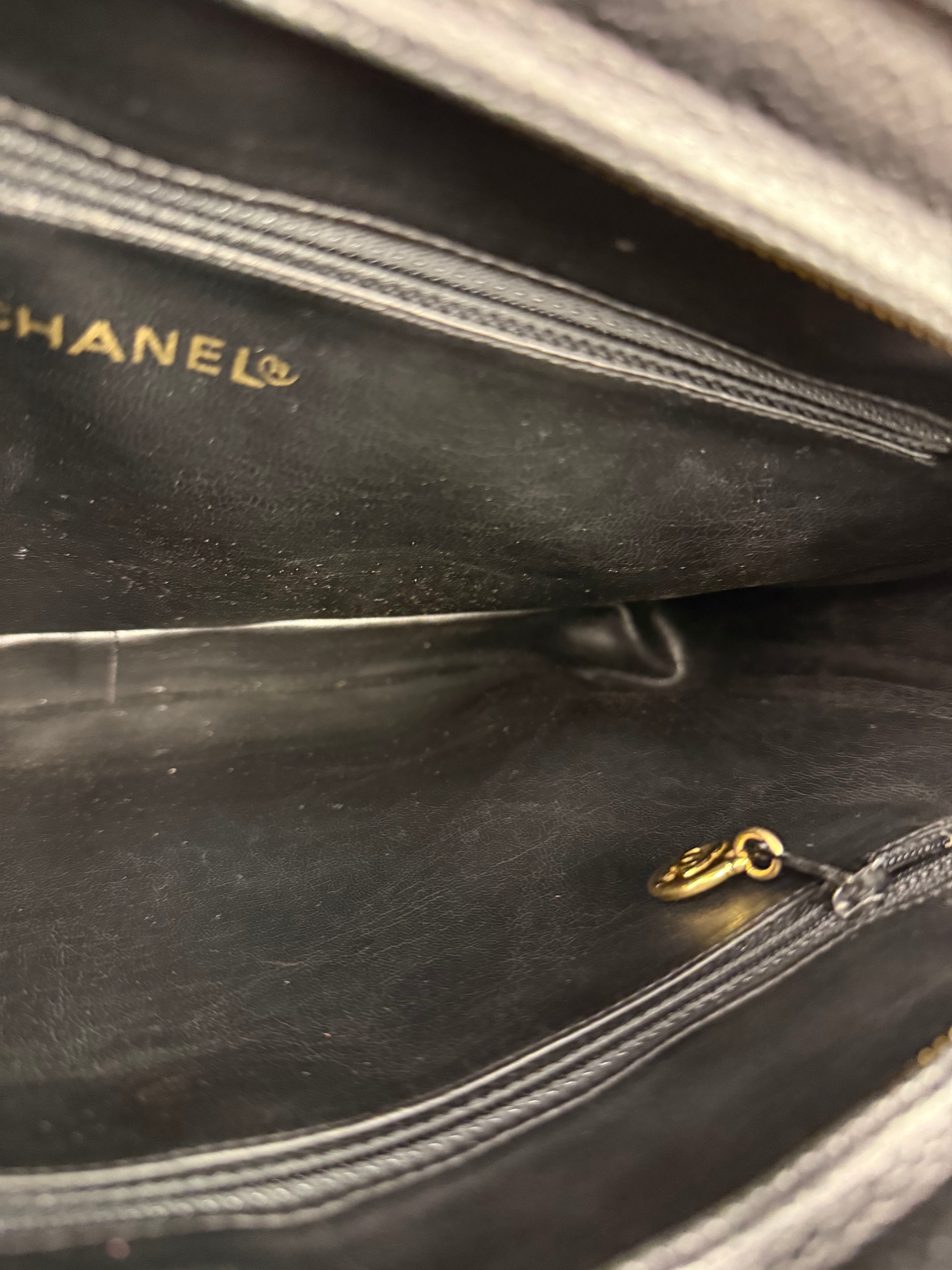 Chanel Vintage Black Caviar Leather Triple CC Chain Tote Bag