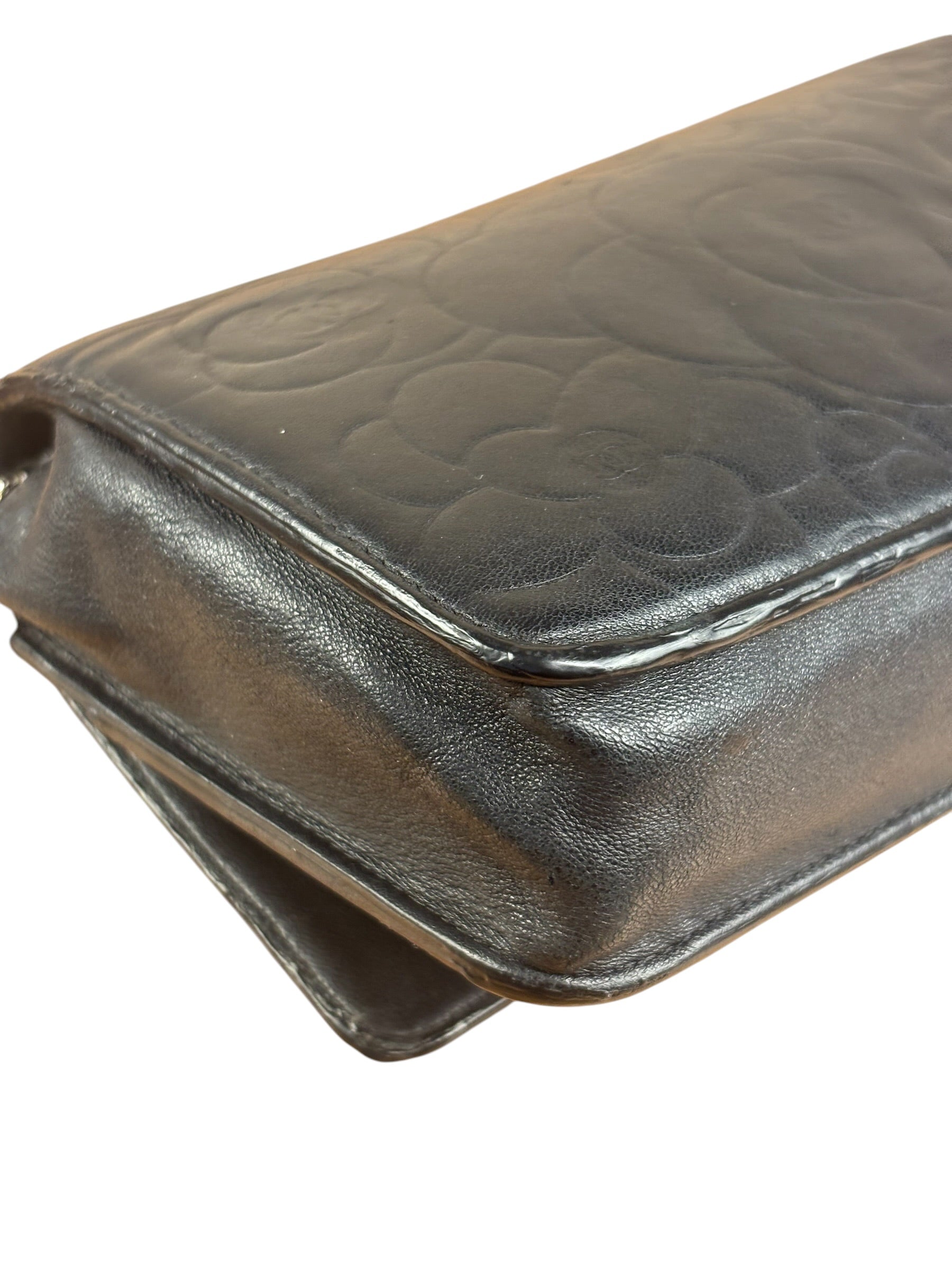 Chanel Black Leather Camellia Embossed Chain Wallet 2012