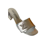 Louis Vuitton Silver Leather Shake Mules LV Crystal Embellished