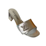 Louis Vuitton Silver Leather Shake Mules LV Crystal Embellished