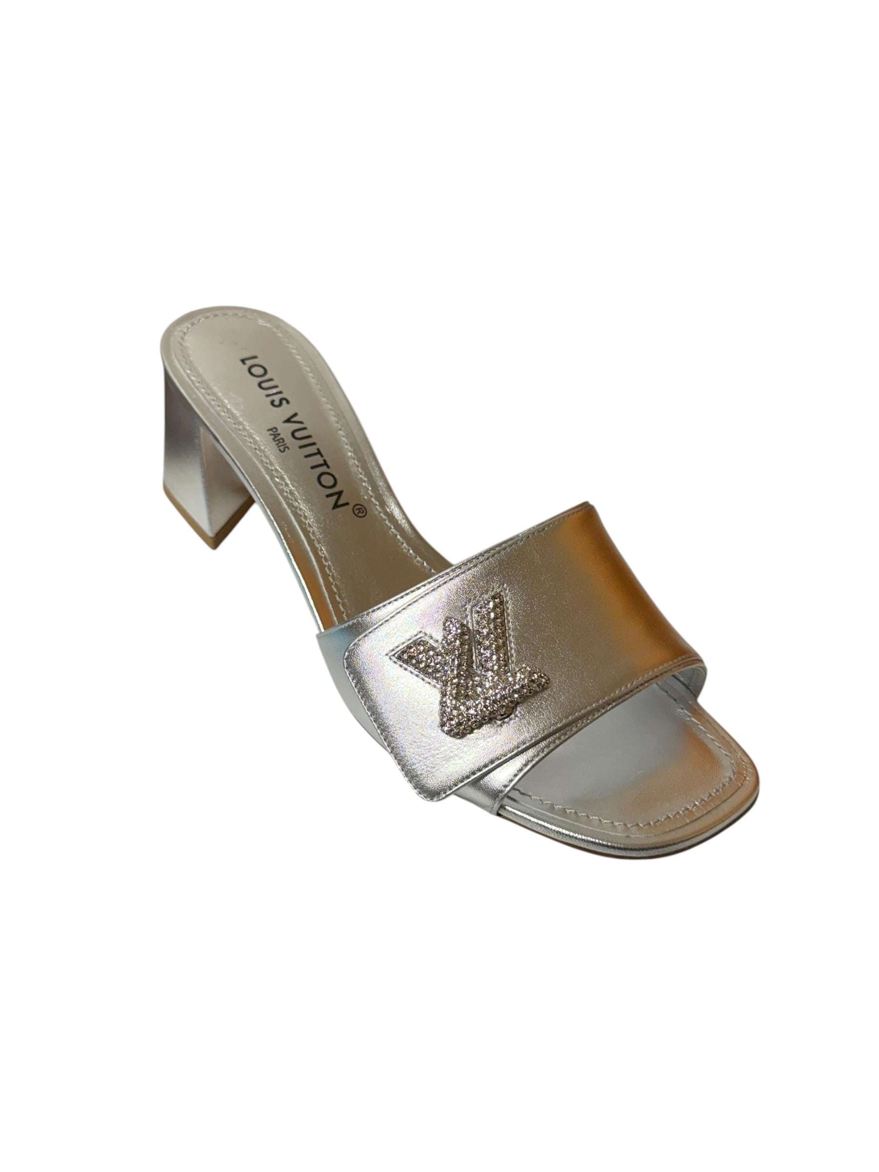Louis Vuitton Silver Leather Shake Mules LV Crystal Embellished