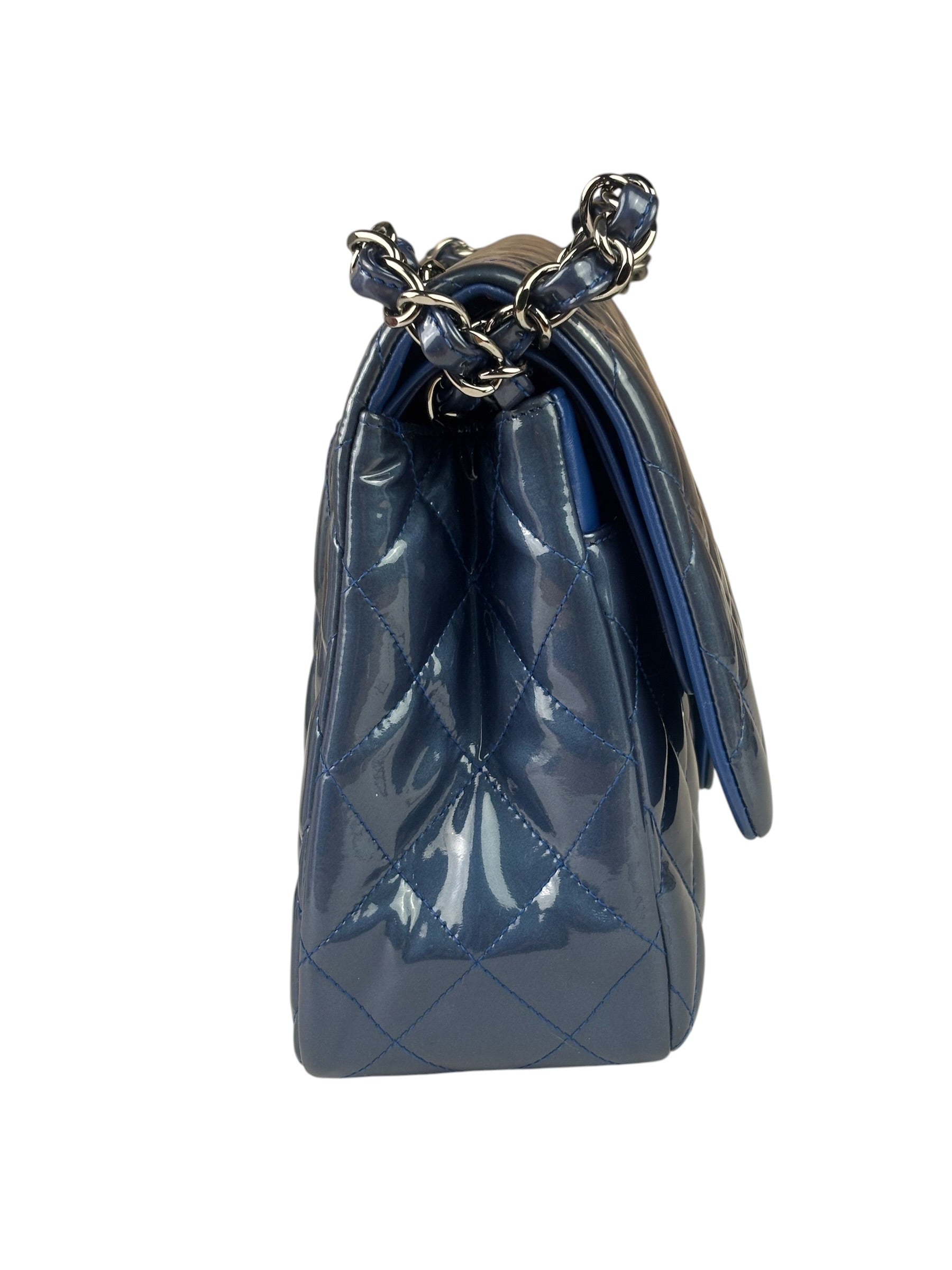 Chanel Perl Glossy Blue Quilted Patent Leather Double Flap Bag 2012