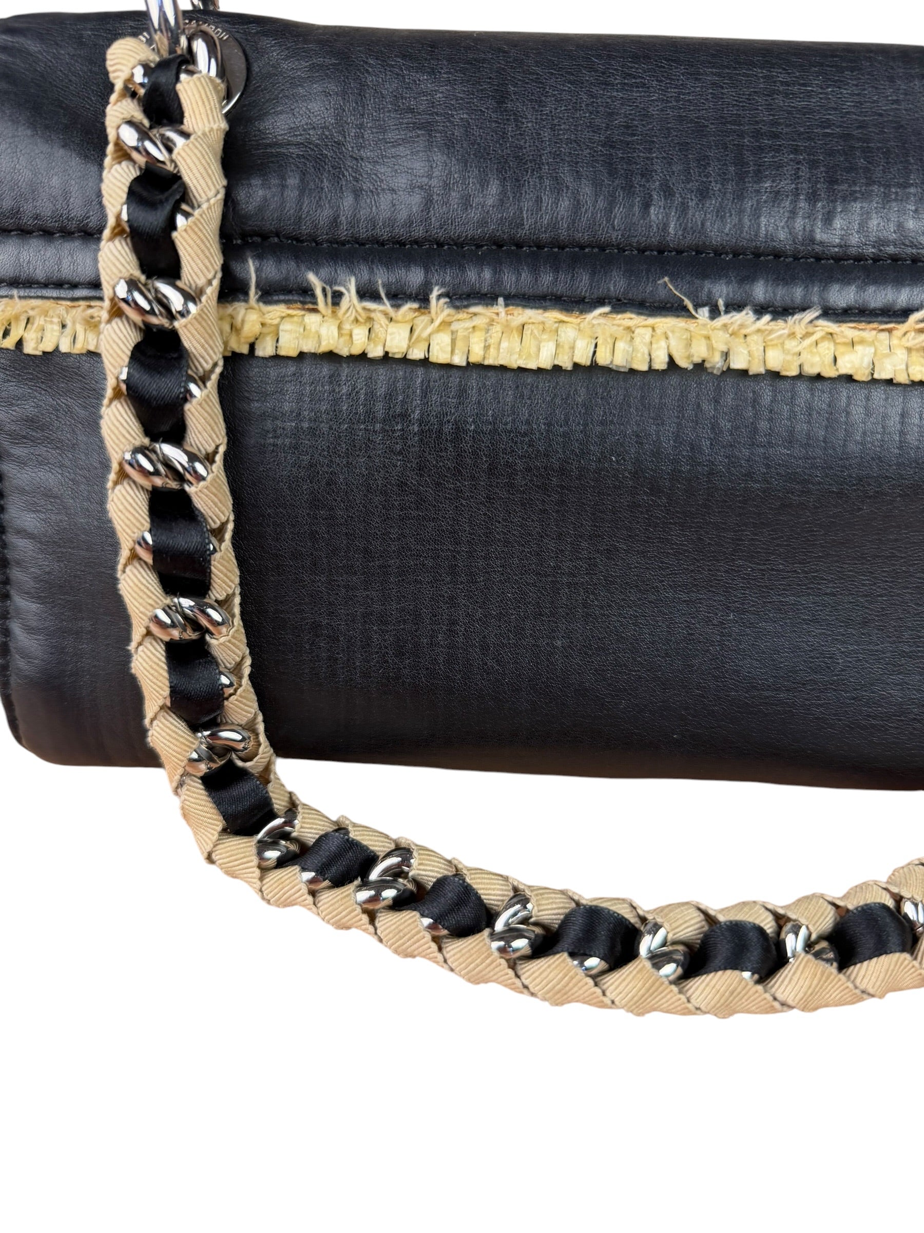 Chanel Black Leather Raffia Fringe CC Flap Shoulder Bag 2009
