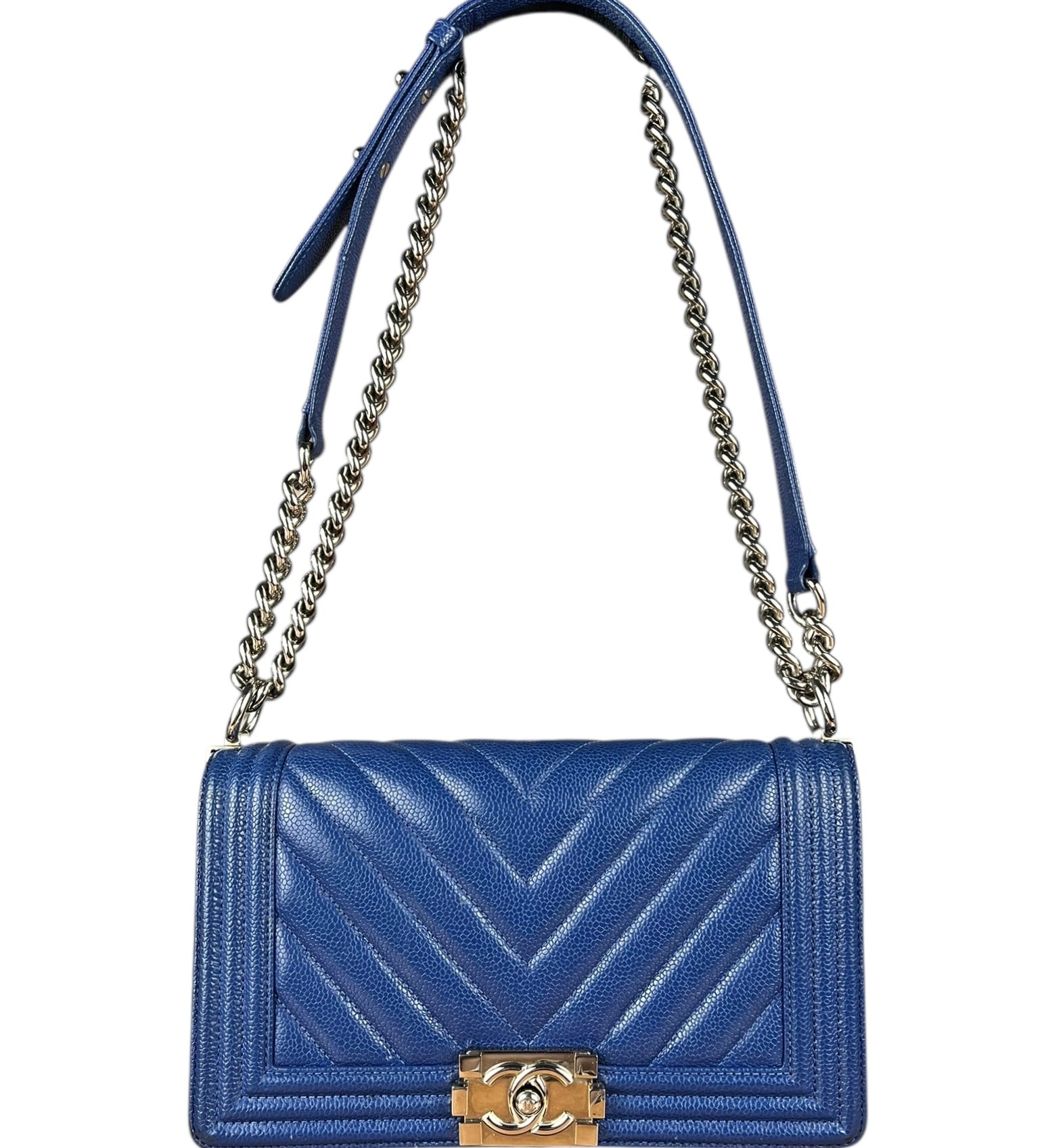 Chanel Blue Chevron Caviar Medium Boy Bag 2019