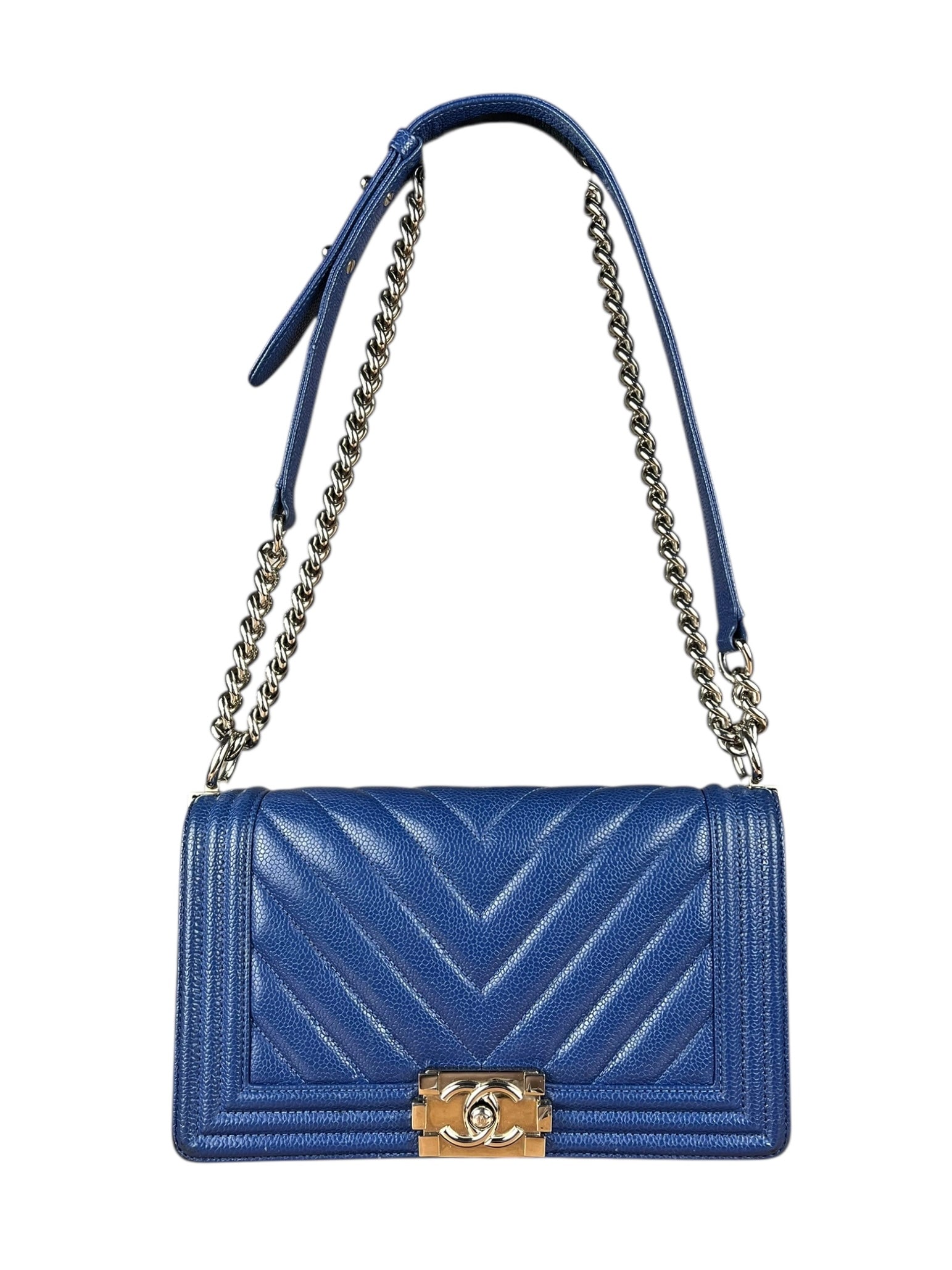 Chanel Blue Chevron Caviar Medium Boy Bag 2019