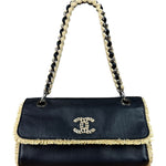 Chanel Black Leather Raffia Fringe CC Flap Shoulder Bag 2009