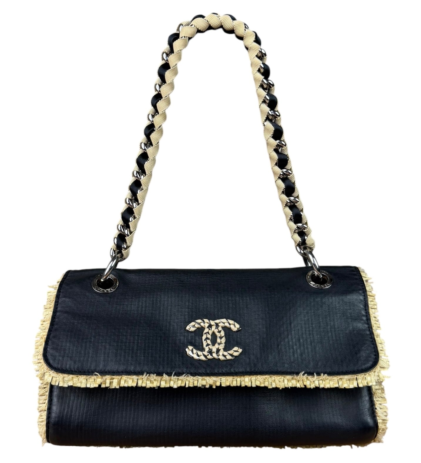 Chanel Black Leather Raffia Fringe CC Flap Shoulder Bag 2009