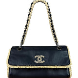 Chanel Black Leather Raffia Fringe CC Flap Shoulder Bag 2009