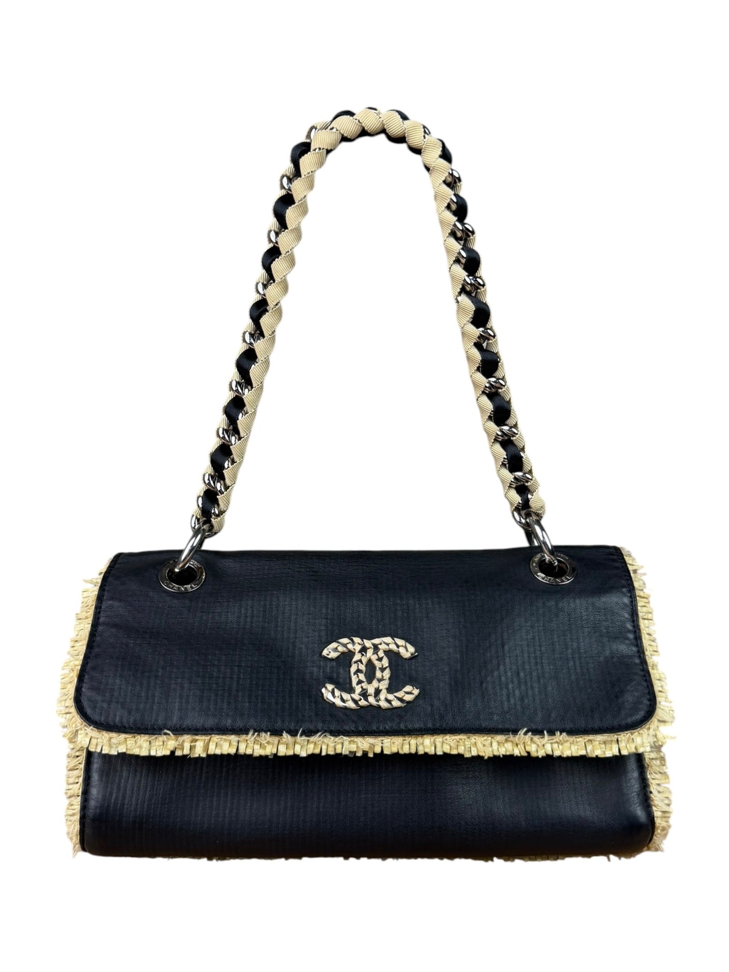 Chanel Black Leather Raffia Fringe CC Flap Shoulder Bag 2009