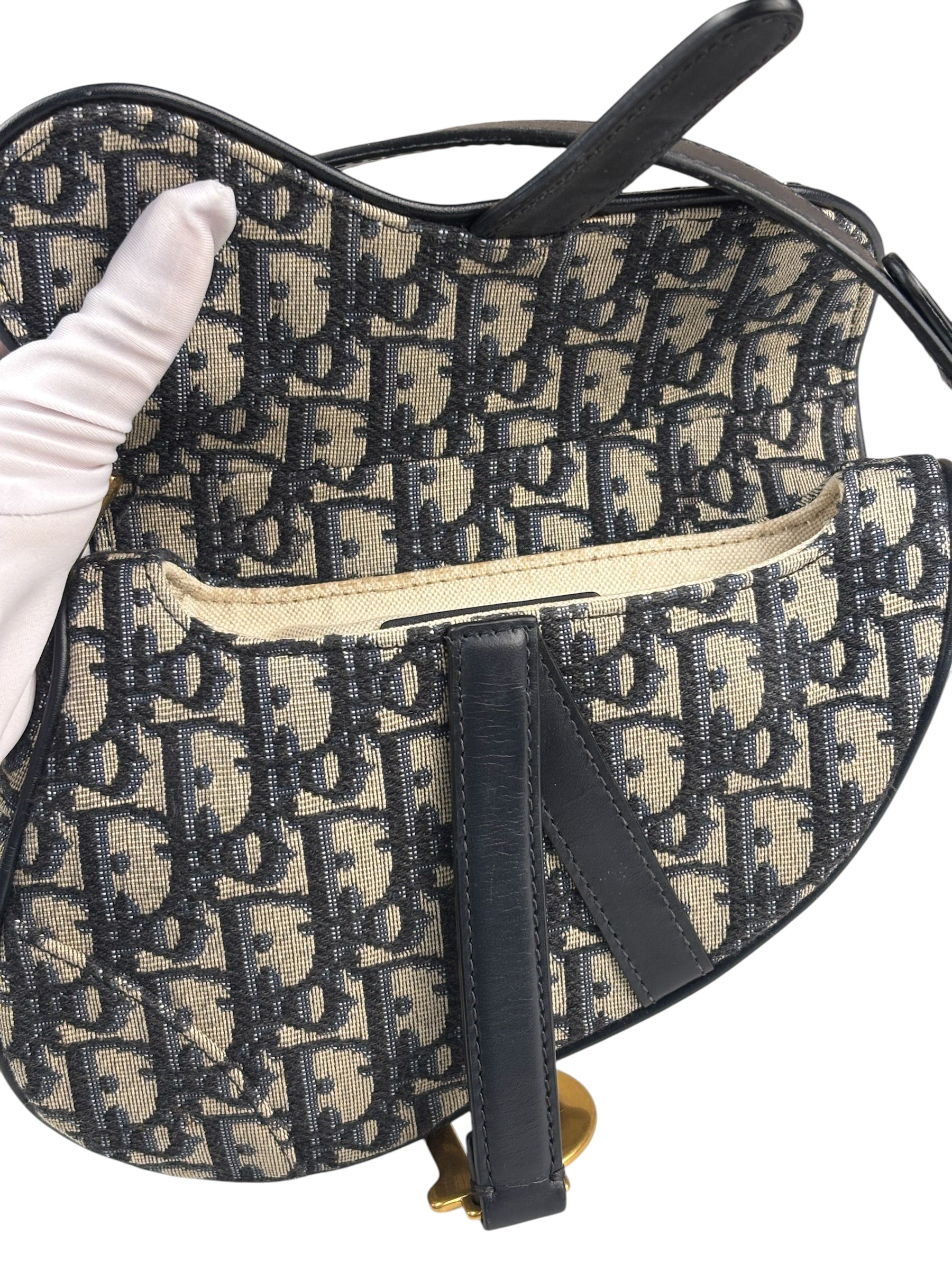 Christian Dior Navy Leather Trim Oblique Saddle Handbag