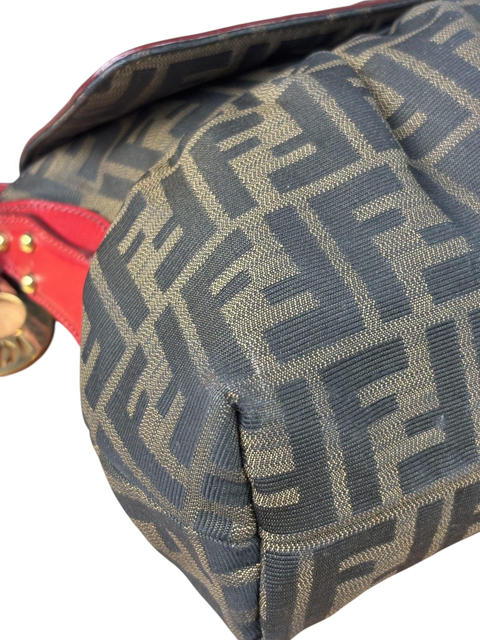 Fendi Beige/Red Leather Trim Zucca Chef Flap Bag