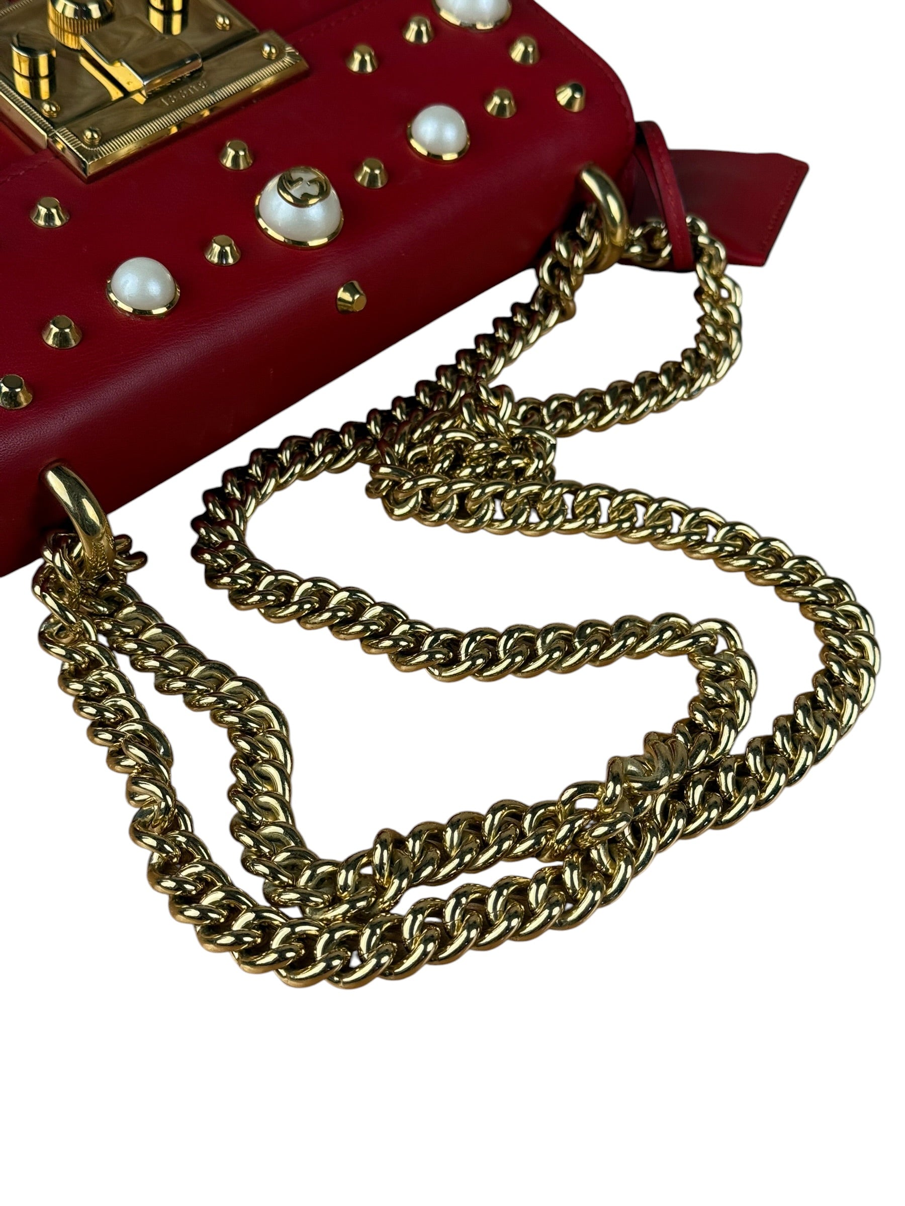 Gucci Red Leather Pearl Studded Padlock Shoulder Bag
