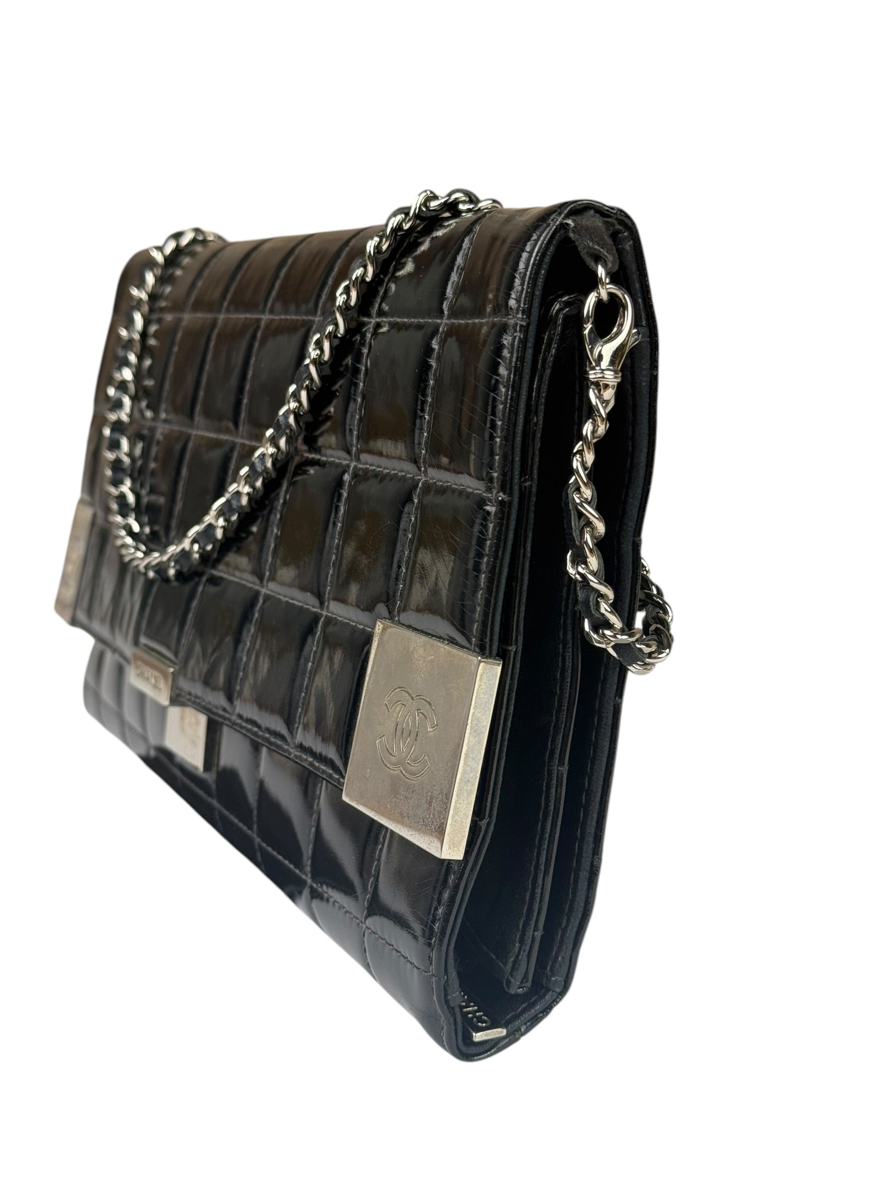 Chanel Black Patent Chocolate Bar Quilted Flap Shoulder Bag 2001