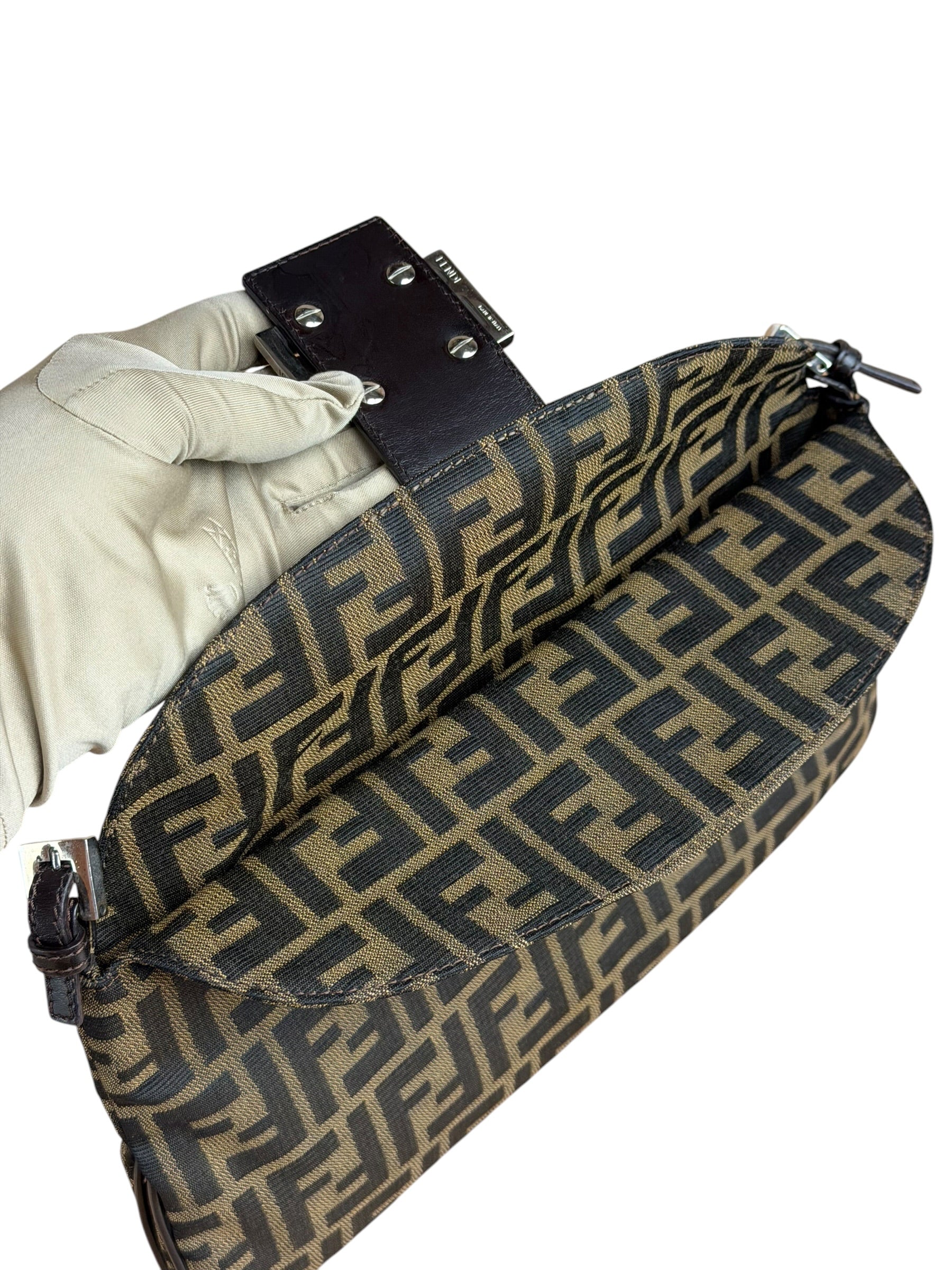 Fendi Brown Leather Trim Zucca FF Monogram Baguette