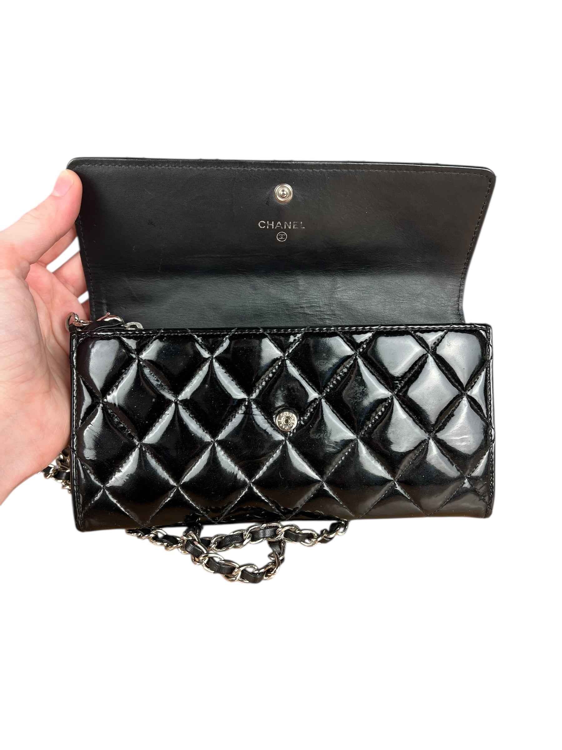 Chanel Black Patent Leather Wallet on Chain 2014