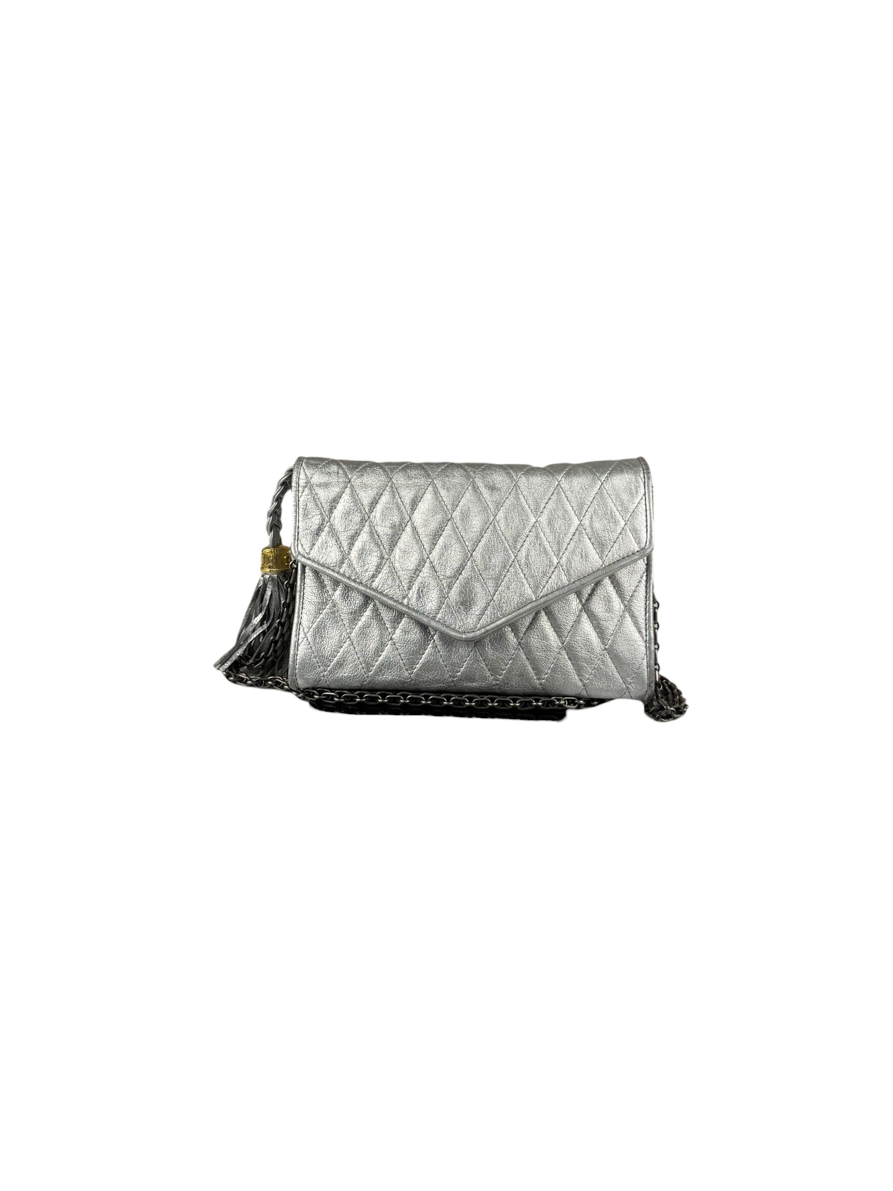 Chanel Vintage Metallic Silver Quilted Tassel Flap Bag 1997
