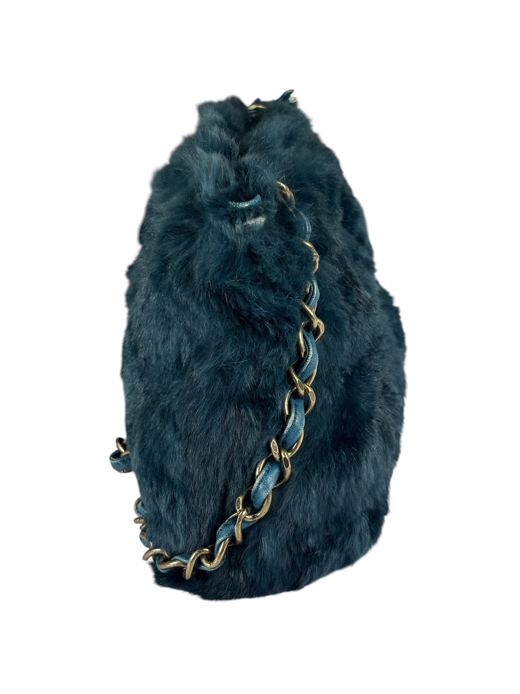 Chanel Dark Green Rabbit Fur/Leather Trim Shoulder Bag 2000