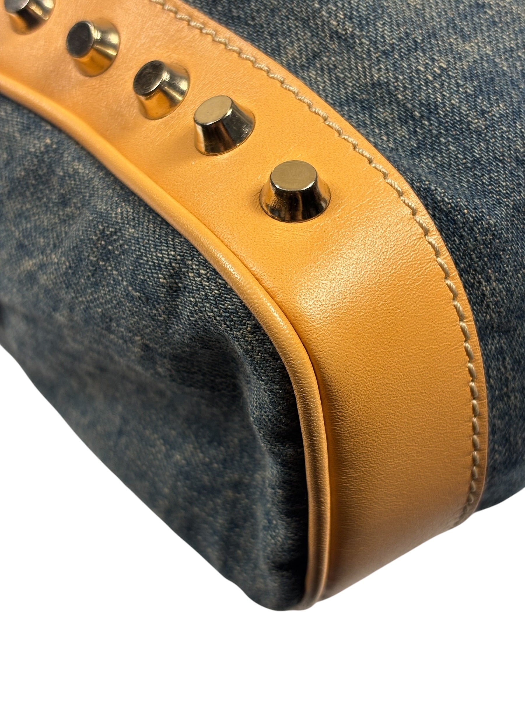 Fendi Blue/Brown Denim/Leather Trim Studded Shoulder Bag