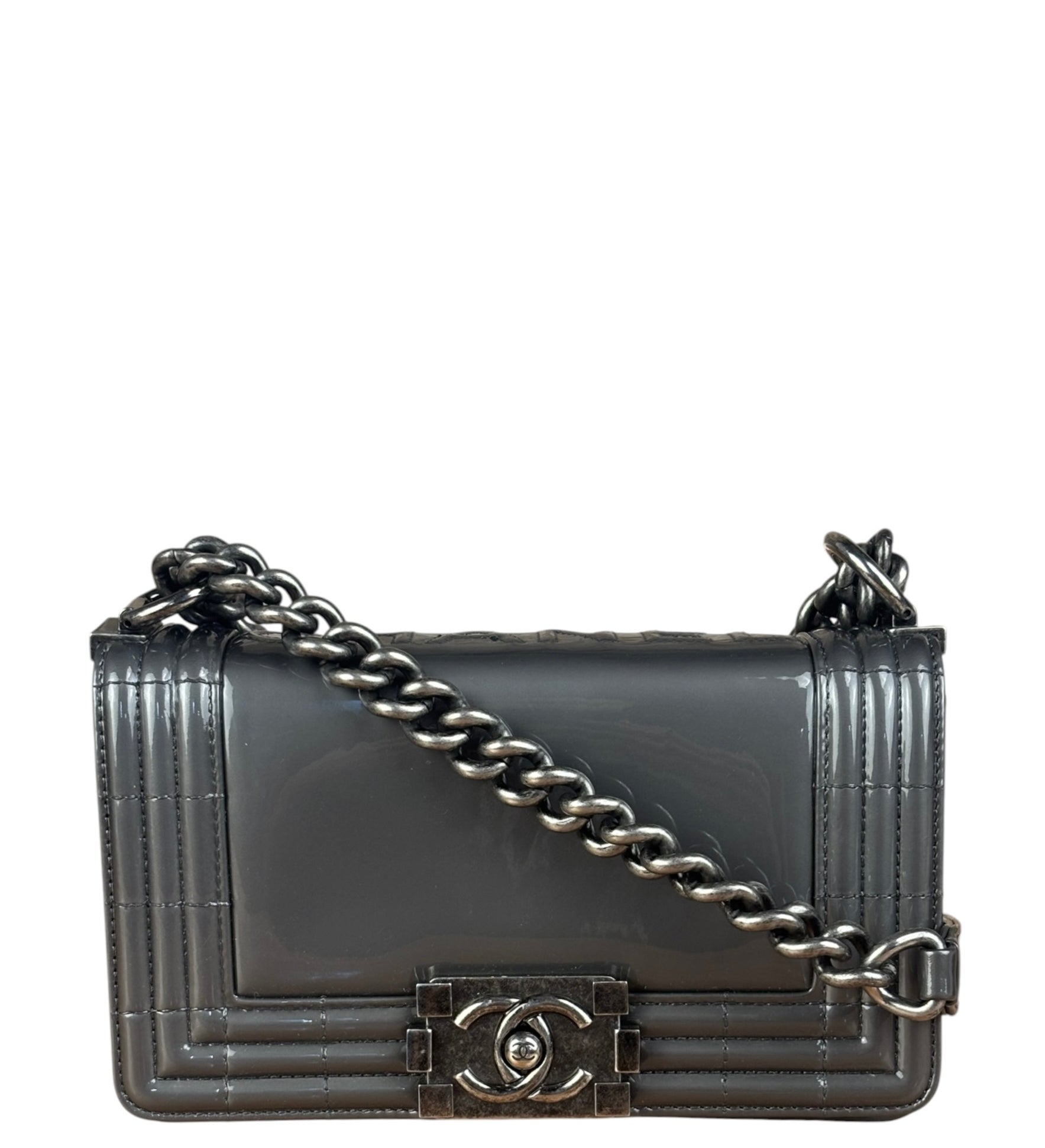 Chanel Gray Patent Leather Boy Flap Shoulder Bag