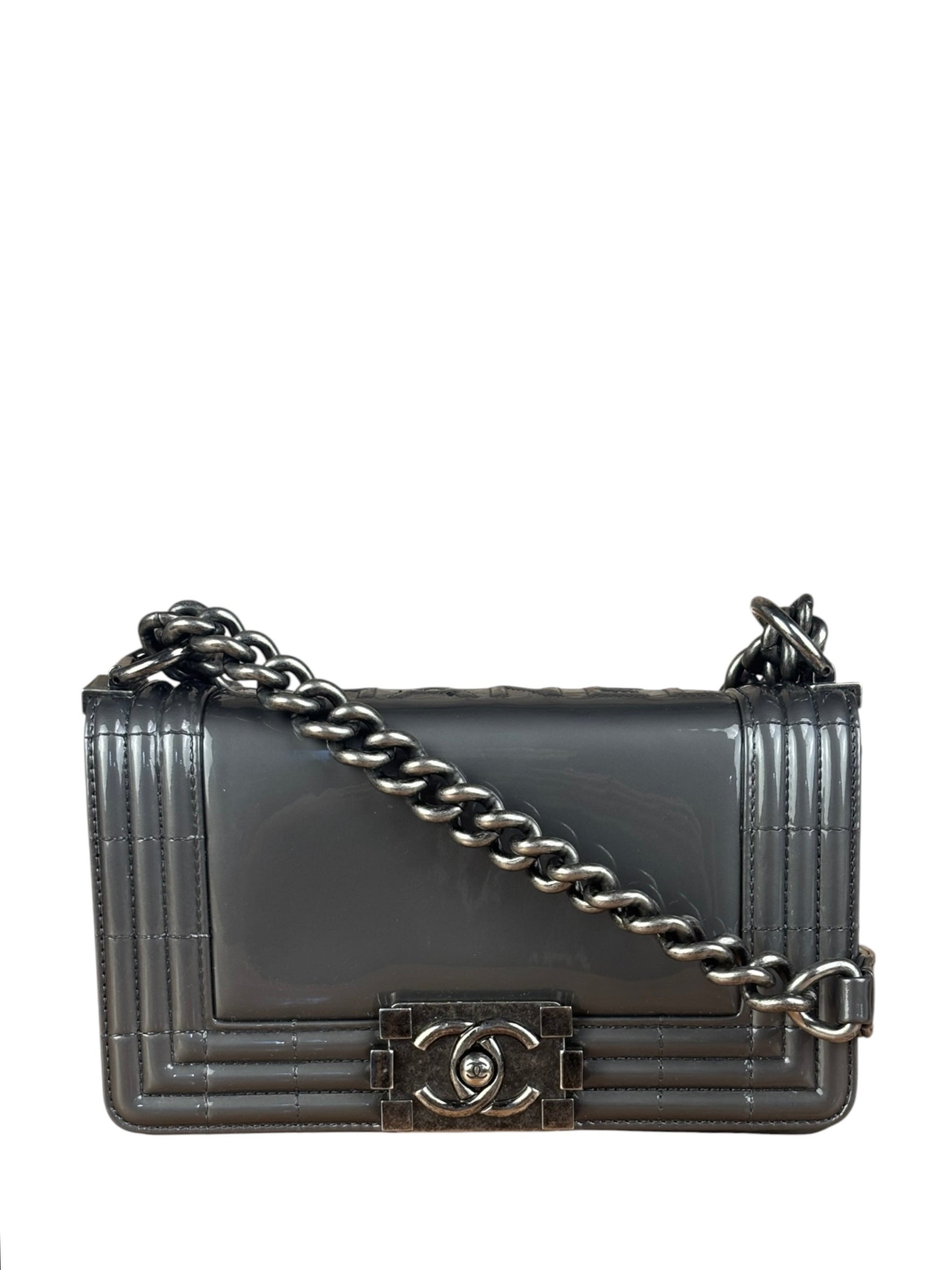 Chanel Gray Patent Leather Boy Flap Shoulder Bag