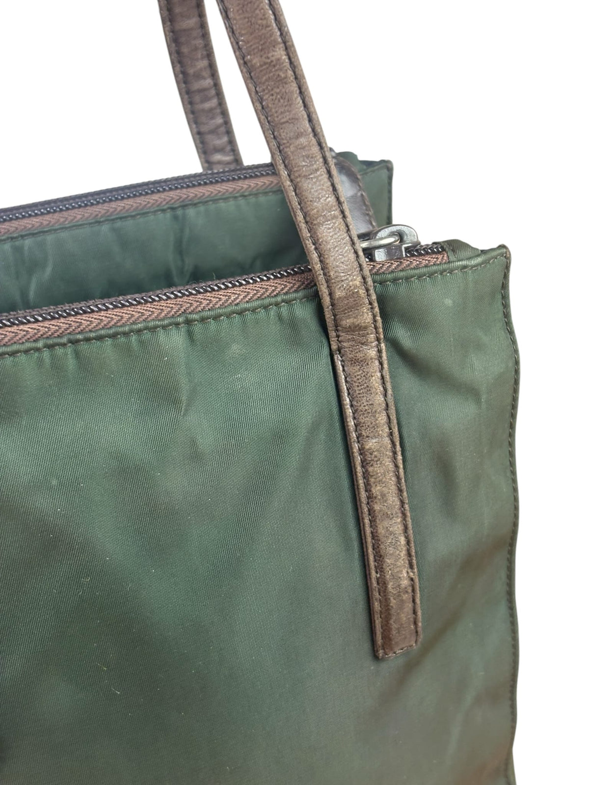 Prada Green/Brown Leather Trim/Nylon Tote