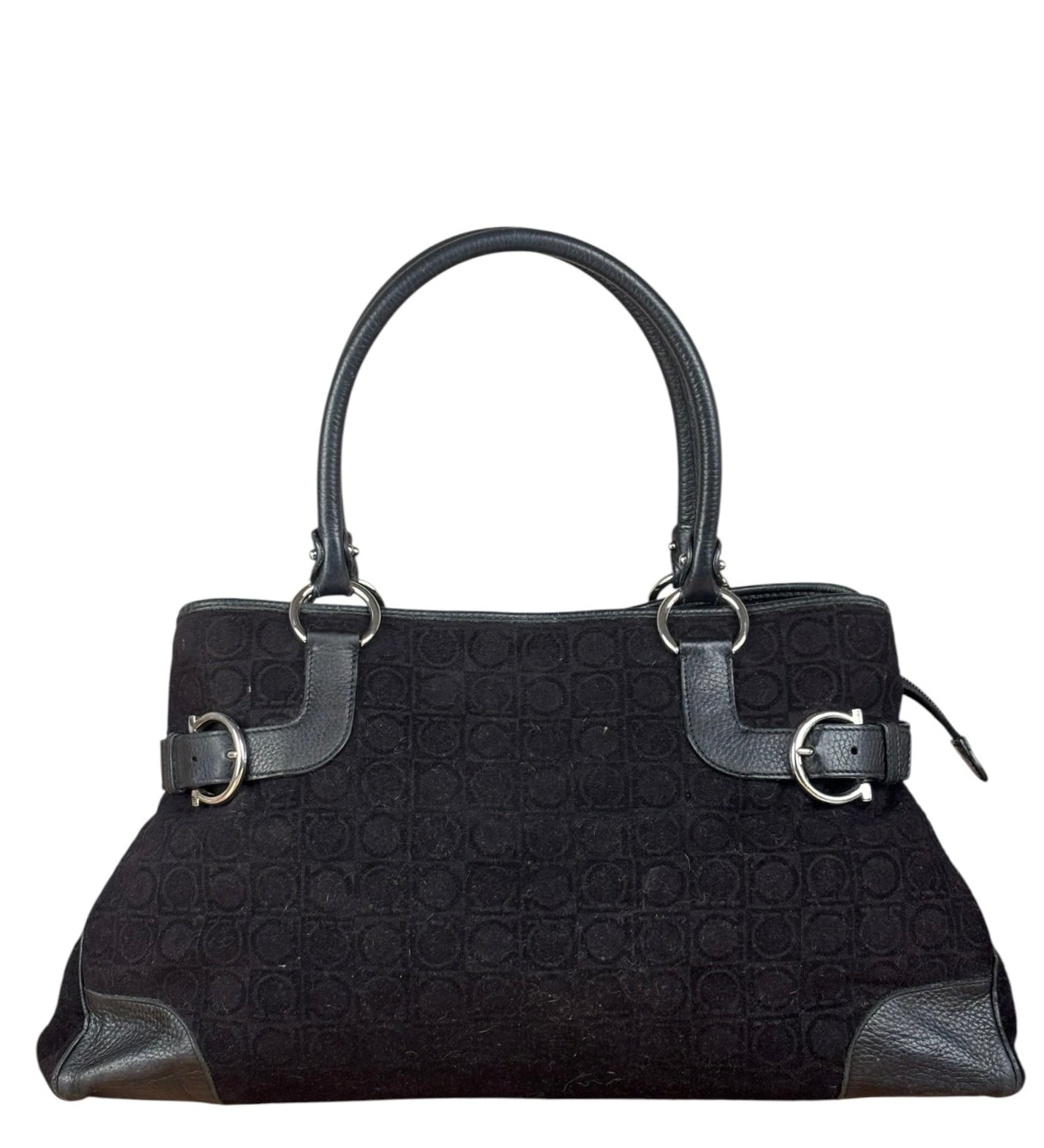 Salvatore Ferragamo Black Leather Trim Gancini Monogram Canvas Shoulder Bag