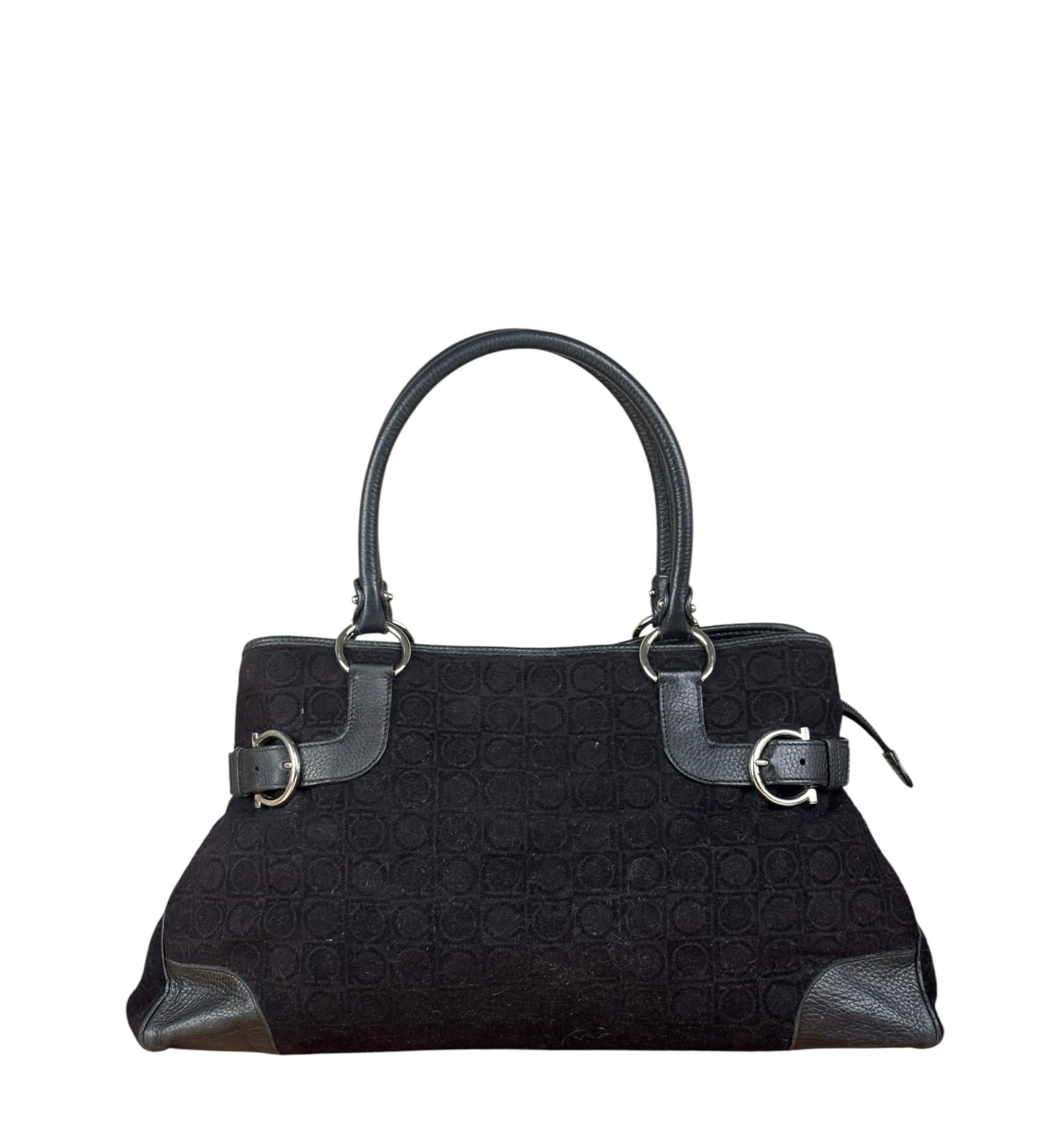 Salvatore Ferragamo Black Leather Trim Gancini Monogram Canvas Shoulder Bag