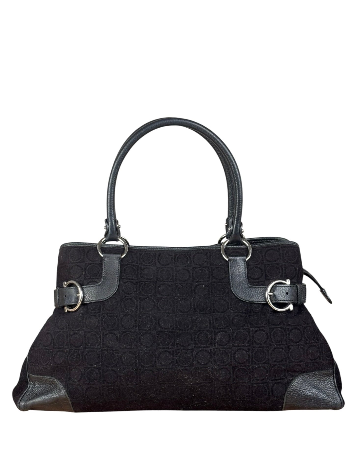 Salvatore Ferragamo Black Leather Trim Gancini Monogram Canvas Shoulder Bag