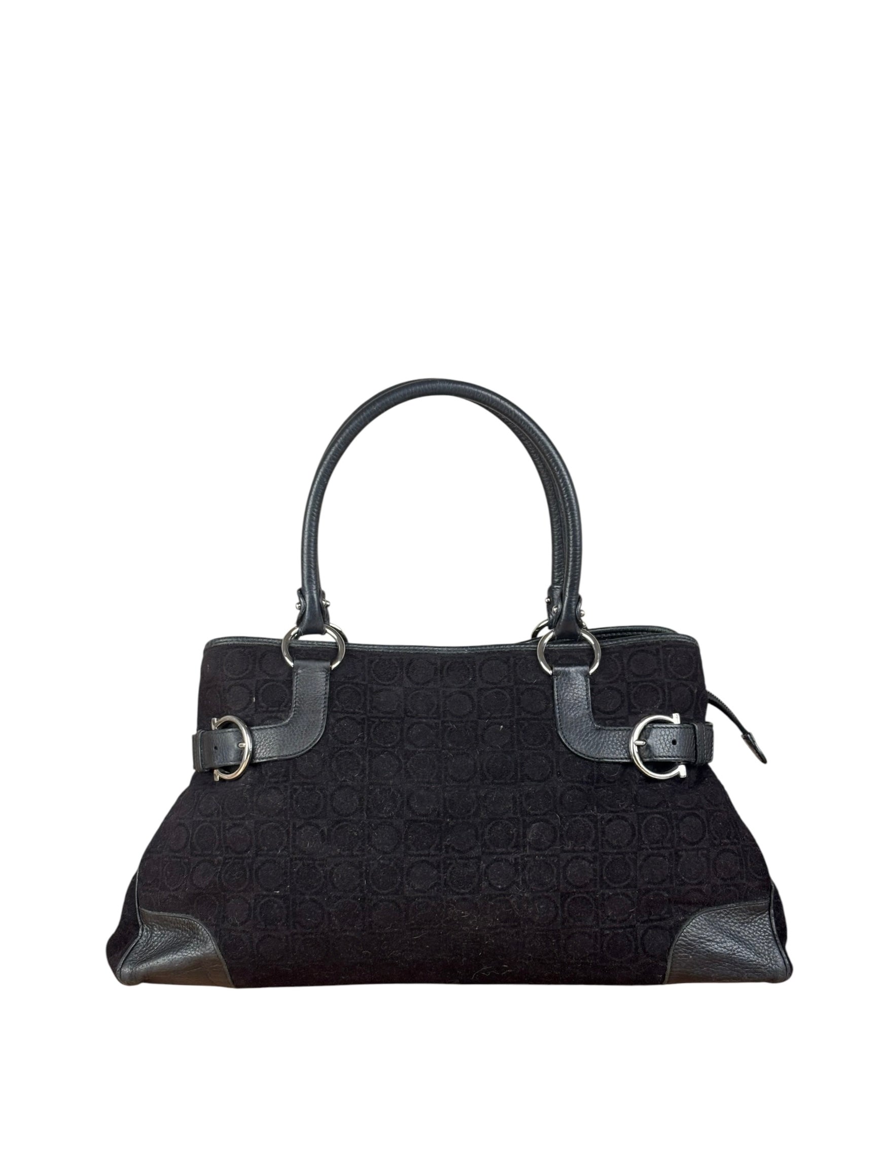 Salvatore Ferragamo Black Leather Trim Gancini Monogram Canvas Shoulder Bag