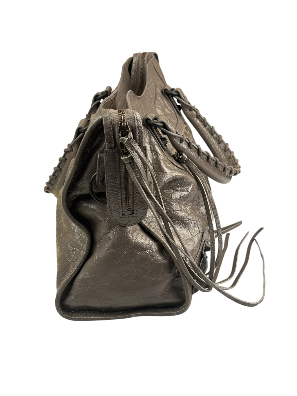 Balenciaga Stone Grey Patent Leather Moto Work Two-Way Bag