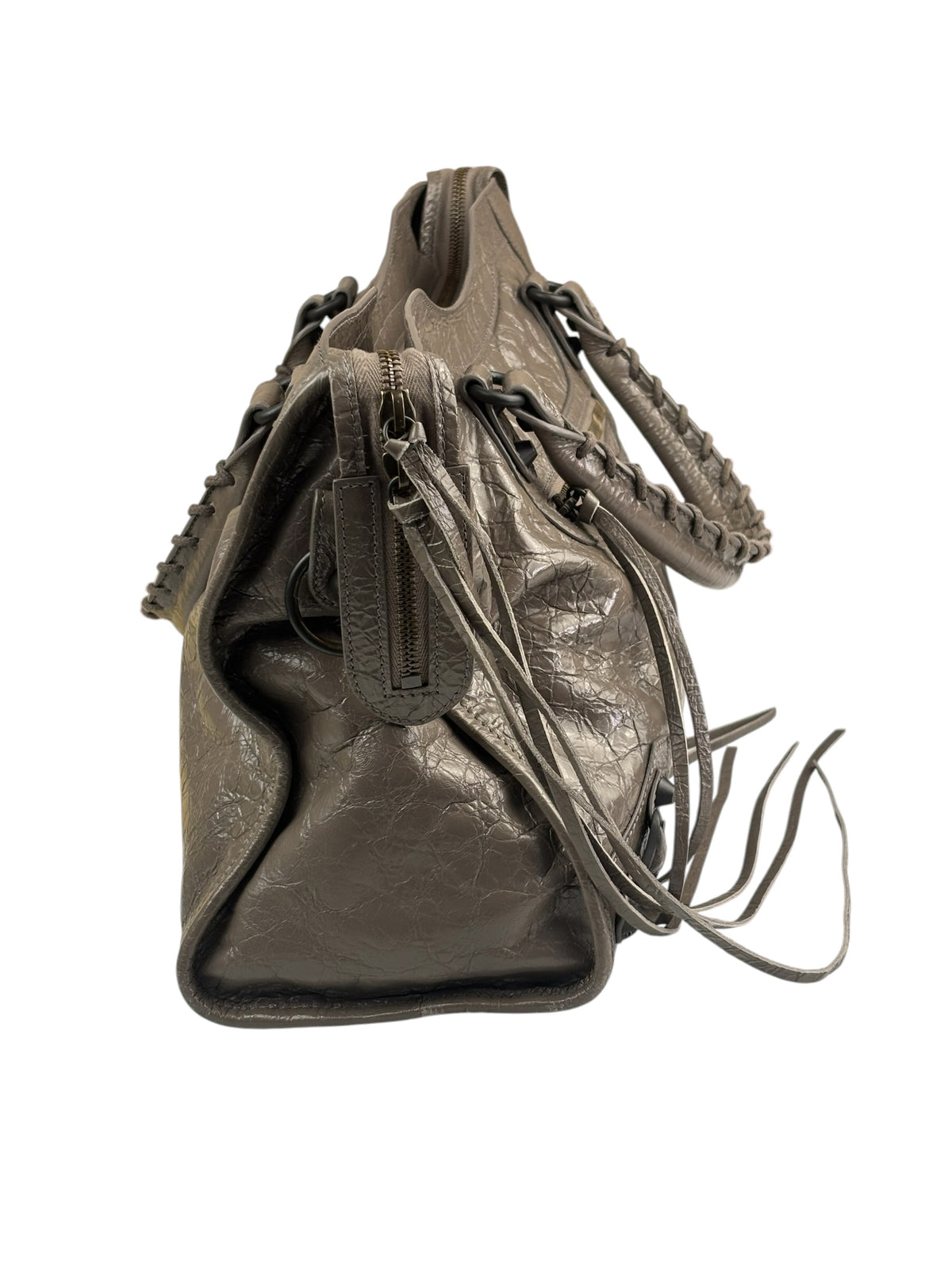 Balenciaga Stone Grey Patent Leather Moto Work Two-Way Bag