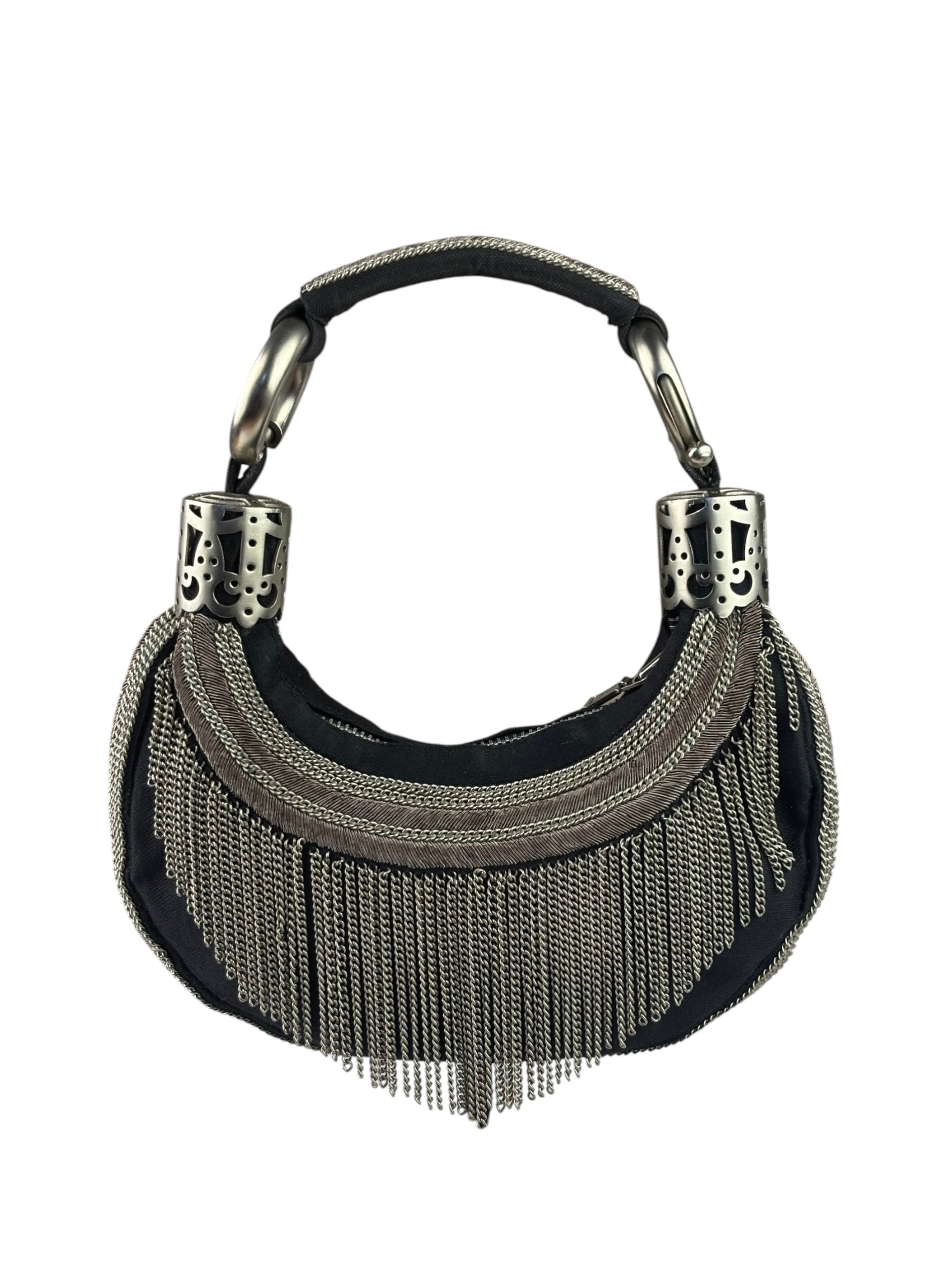 Chole Black Nylon Chain-Link Crescent Mini Hobo Bag