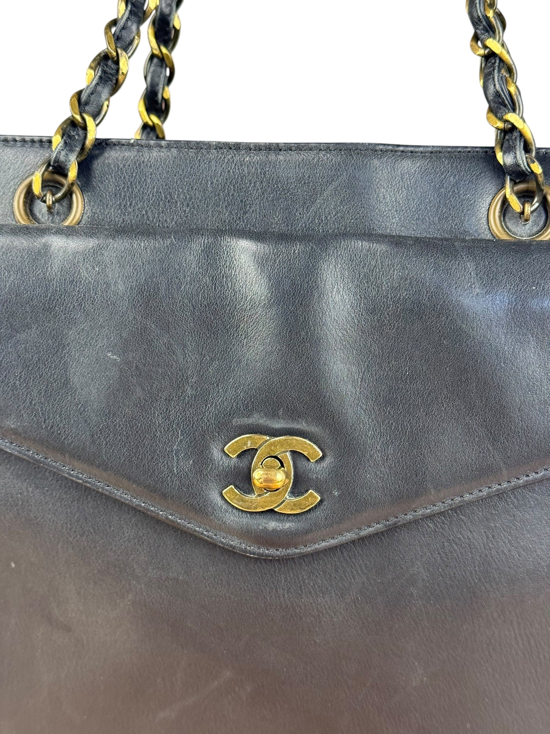 Chanel Black Leather Front Pocket Chain Tote 1998