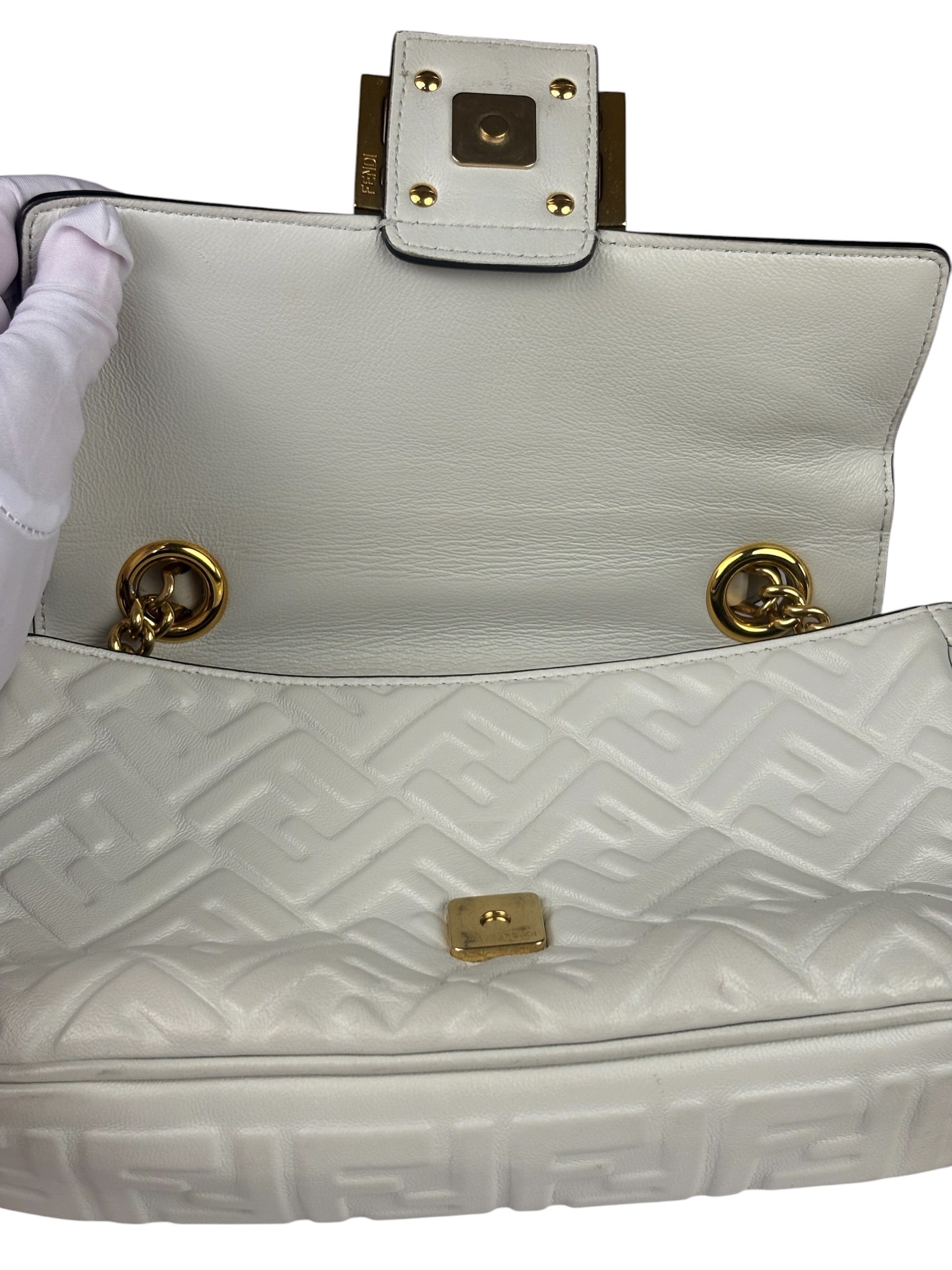 Fendi White Leather FF Flap Baguette