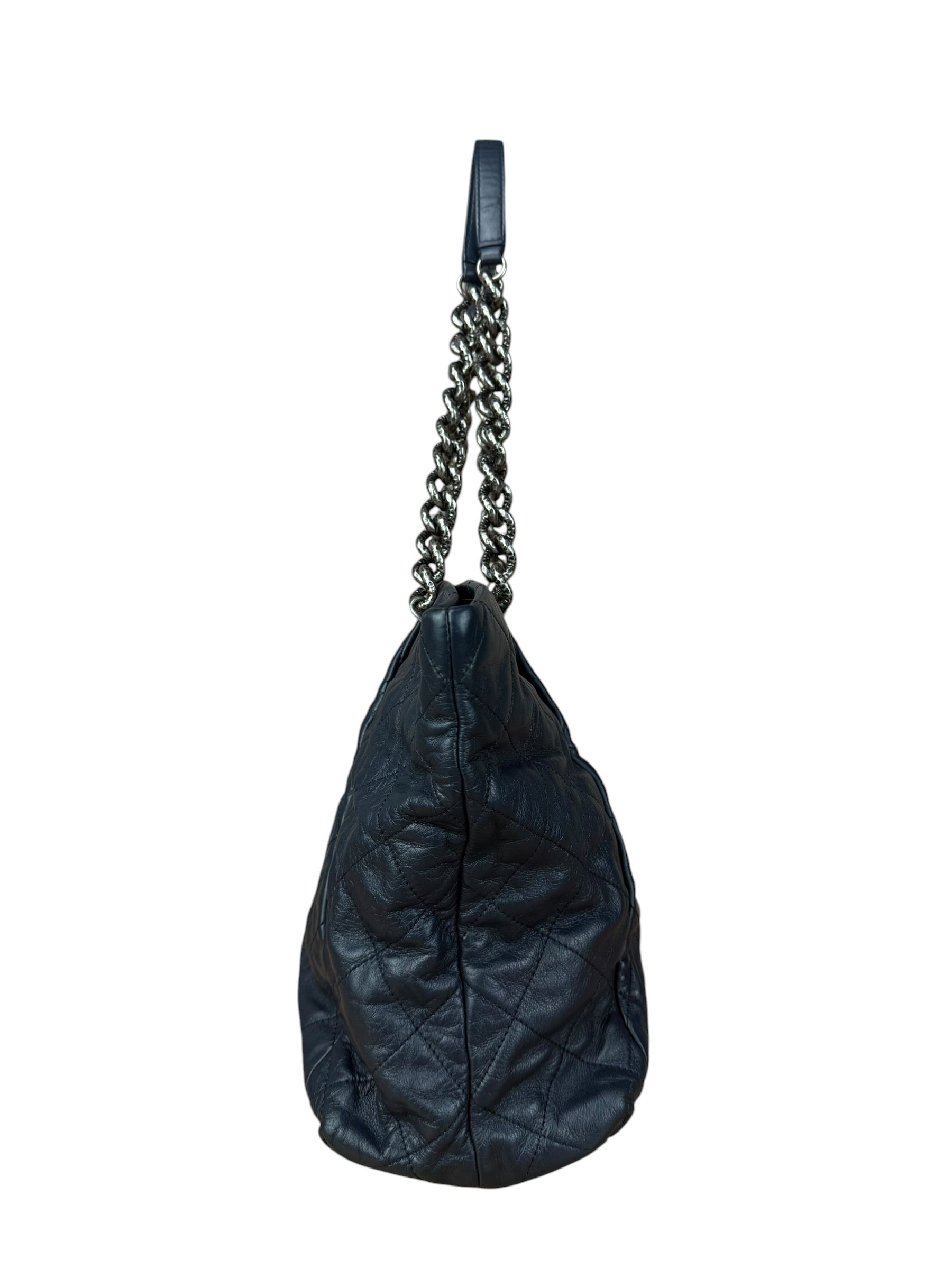 Chanel Dark Navy Quilted Leather Coco Pleats Chain Tote 2012