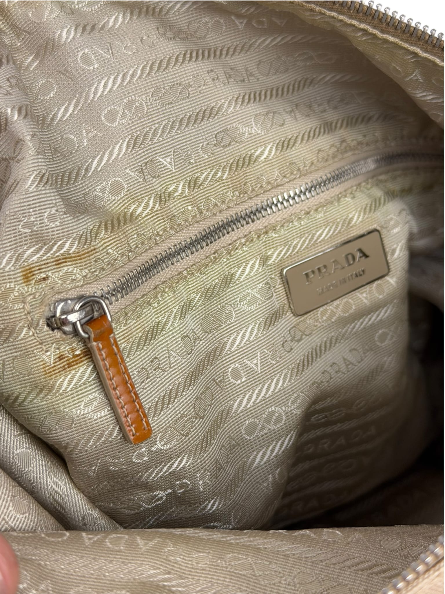 Prada Beige Cloth/Patent Leather Trim Shoulder Bag