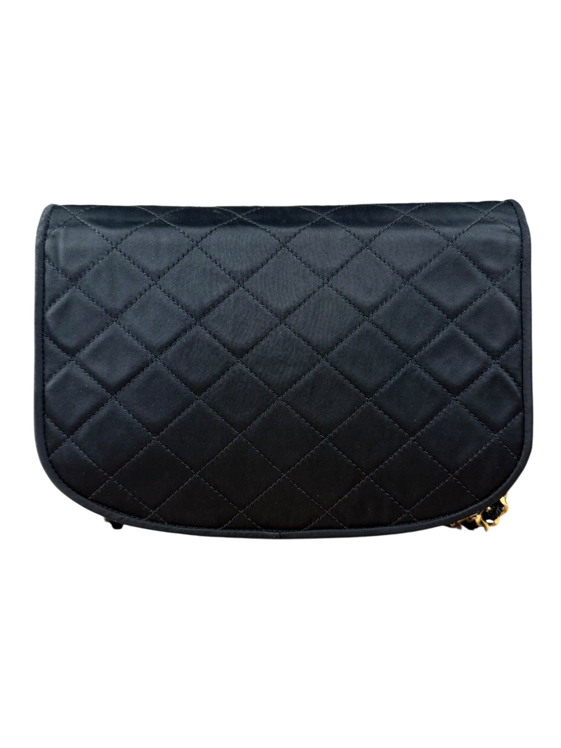 Chanel Vintage CC Black Satin Half-Moon Flap Bag 1991