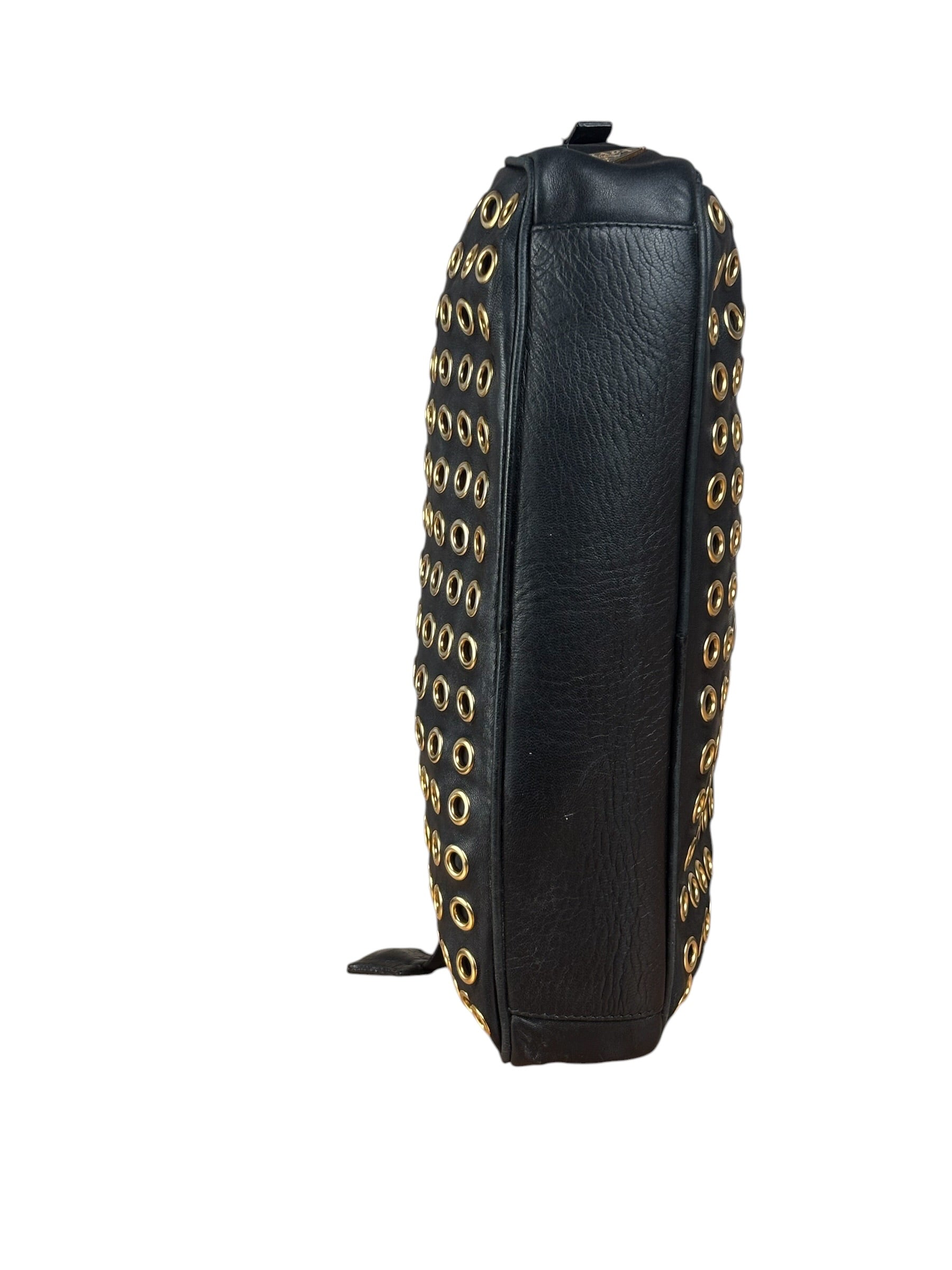 Prada Vintage Black Leather Nappa Metal Grommet Bauletto Handbag