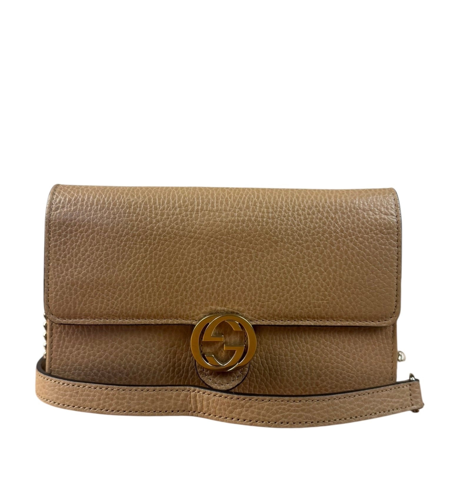 Gucci Light Caramel Pebbled Leather Wallet On Chain