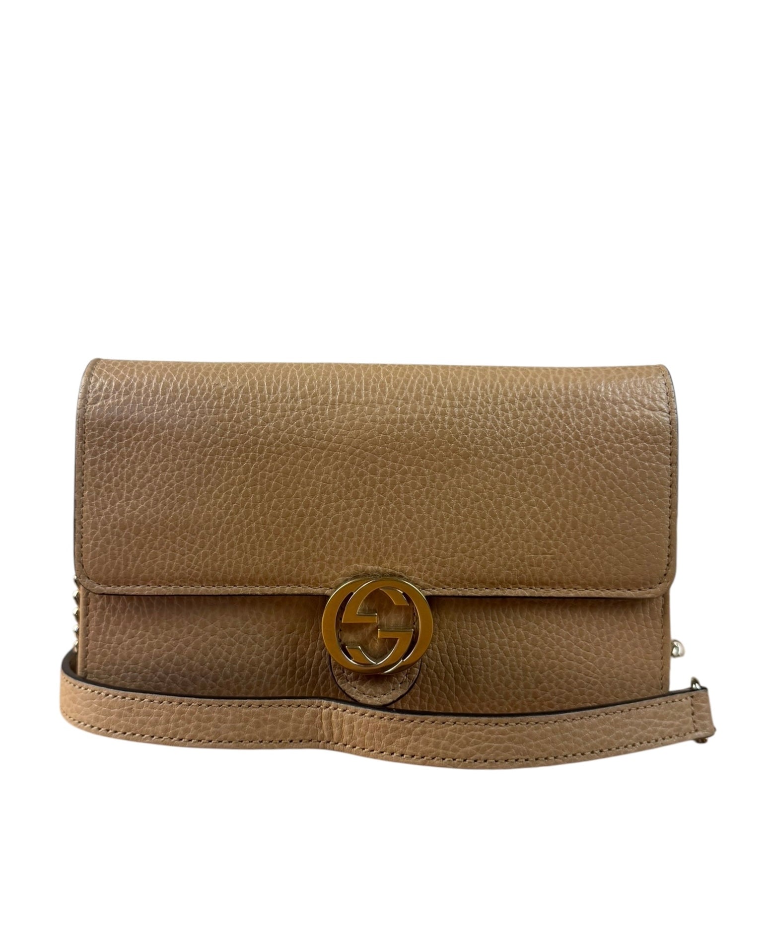 Gucci Light Caramel Pebbled Leather Wallet On Chain