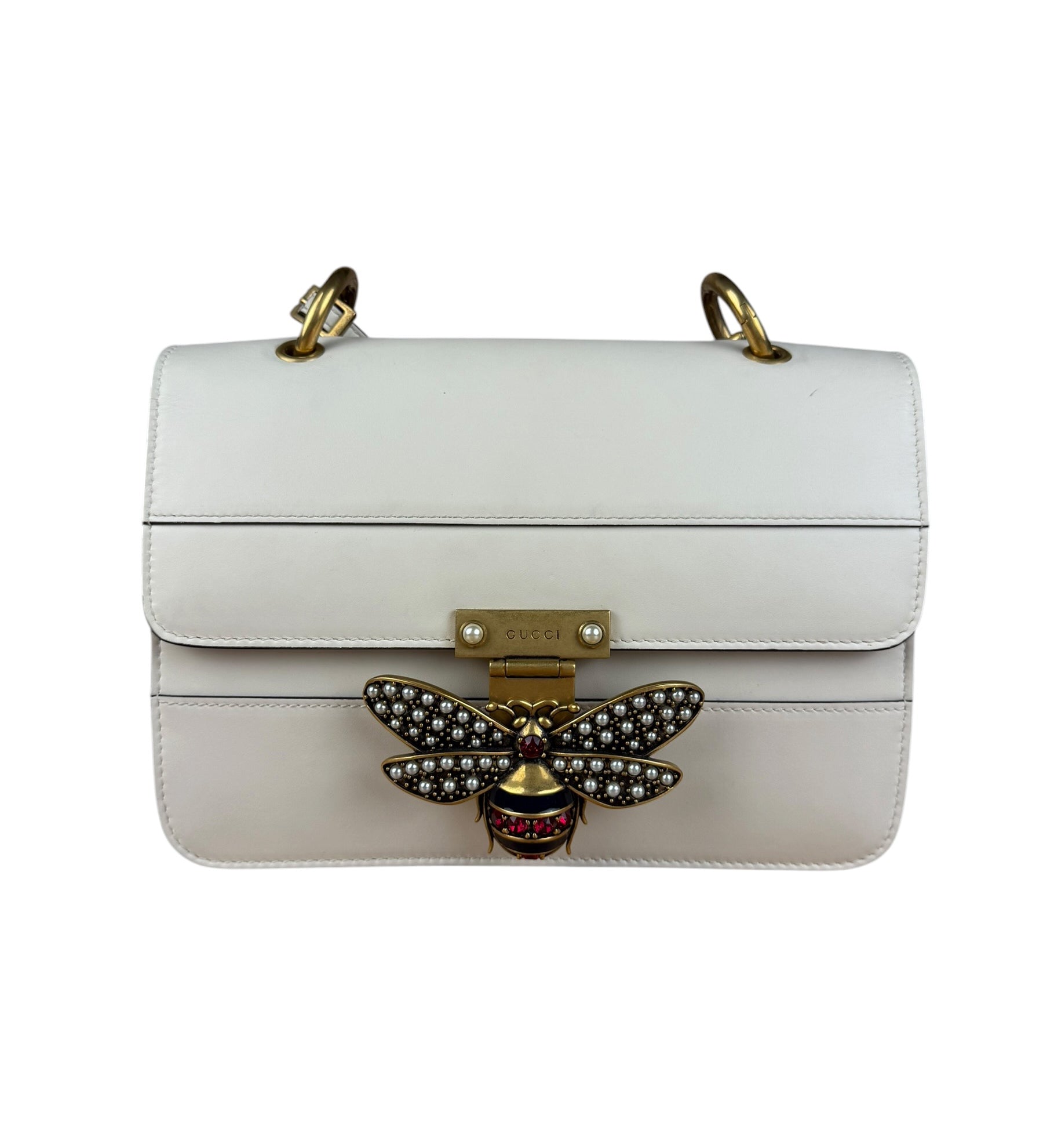 Gucci White Leather Queen Margaret Bee Embellished Shoulder Bag