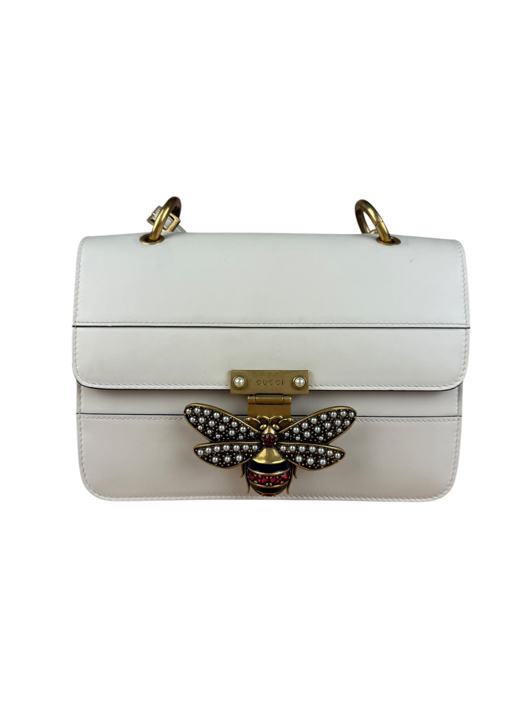 Gucci White Leather Queen Margaret Bee Embellished Shoulder Bag