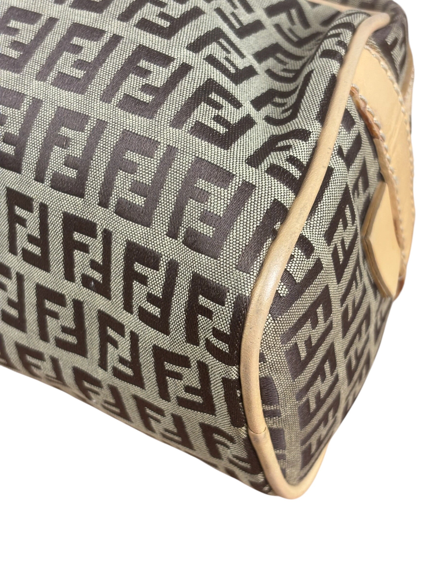 Fendi Beige Leather Trim Zucca Small Boston Bag