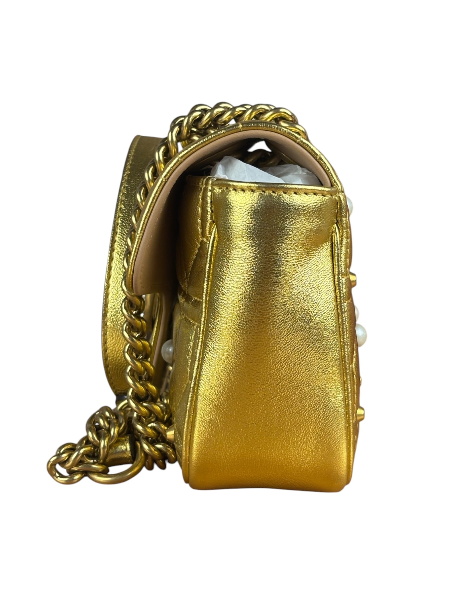 Gucci Gold GG Marmont Pearl Studded Mini Flap Bag