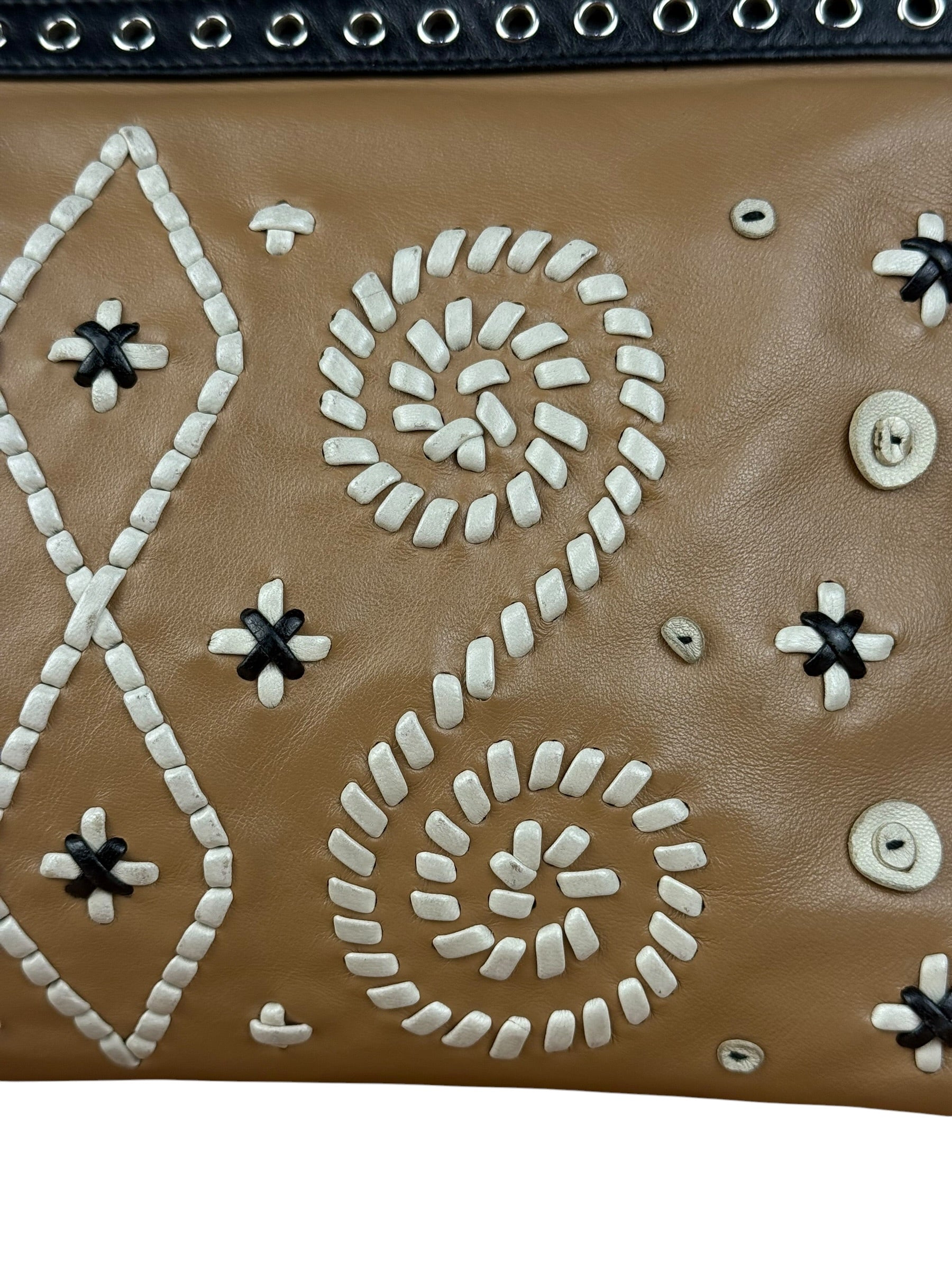 Prada Vintage Camel Leather Embroidery Clutch
