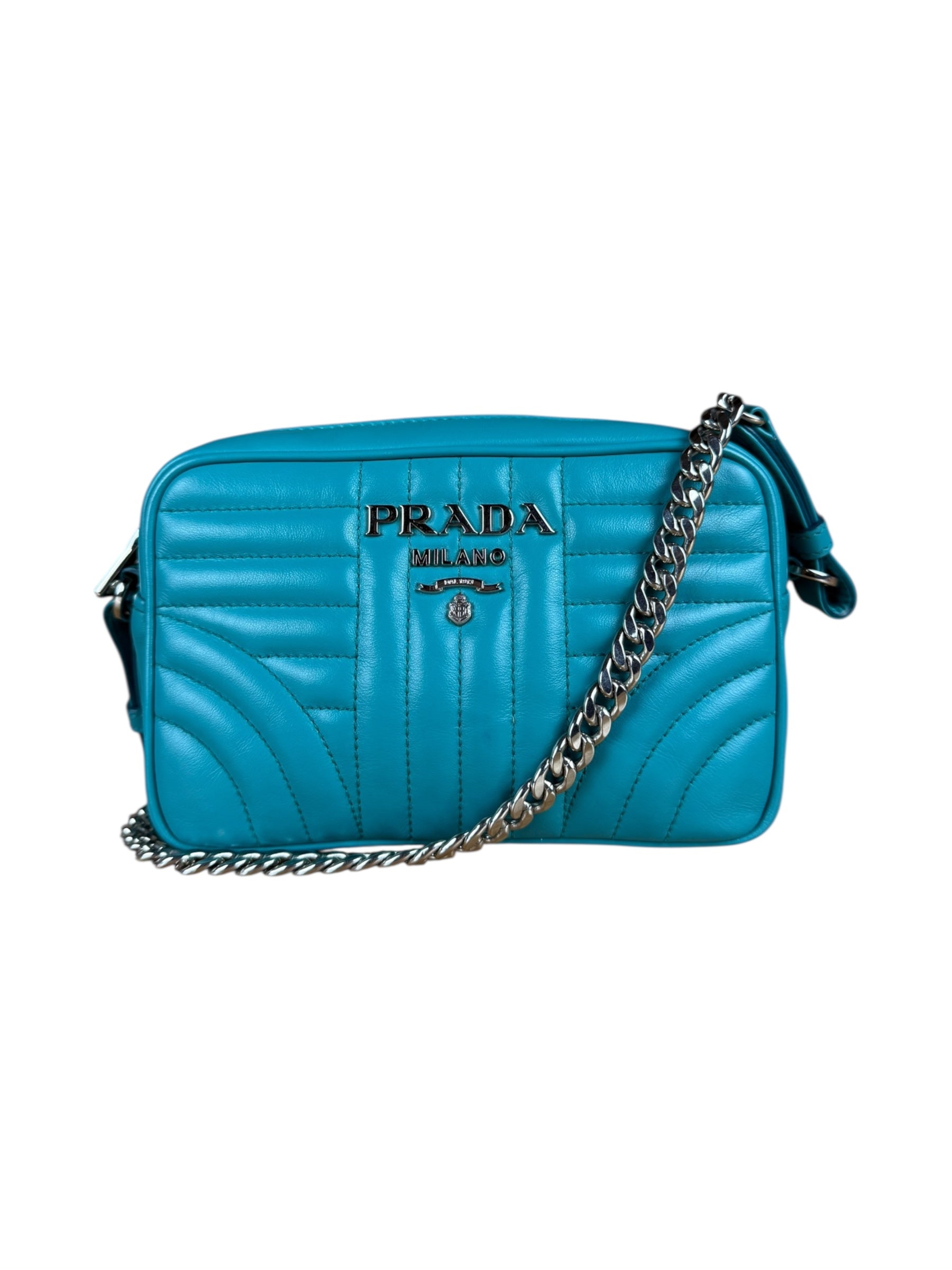 Prada Teal Diagramme Leather Chain Crossbody