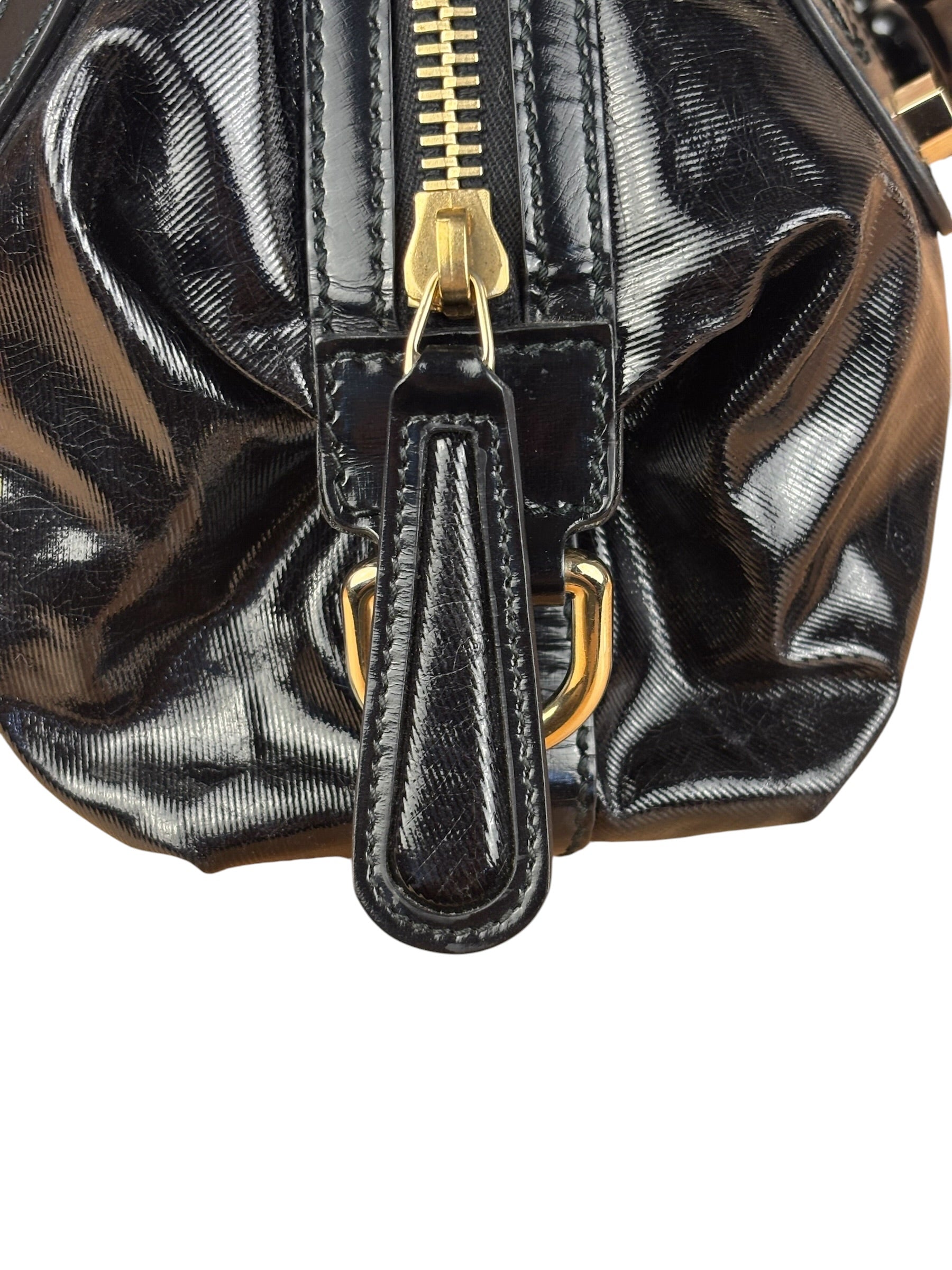 Gucci Black Patent Vintage Dialux Pop Bamboo 2Way Handbag