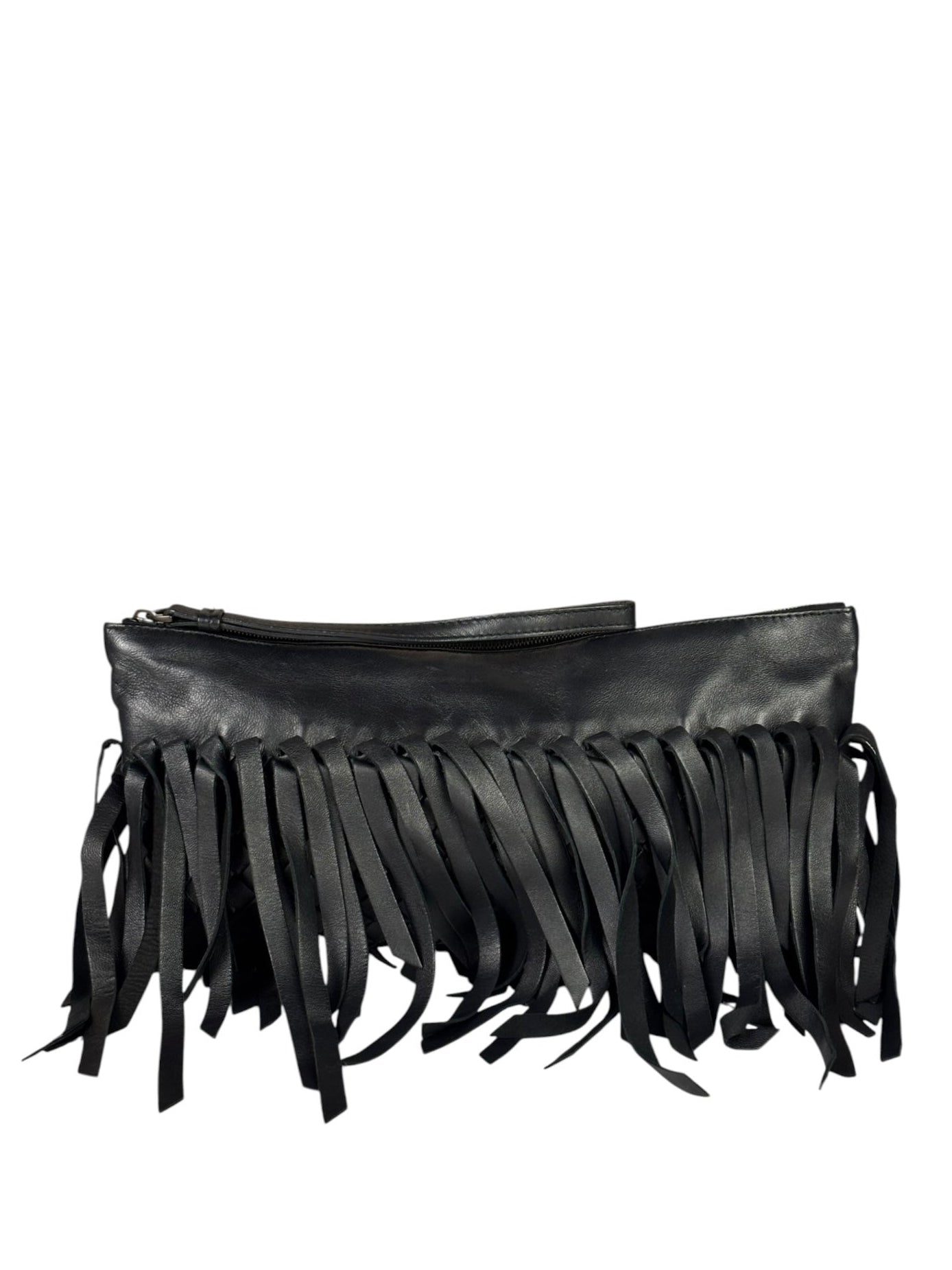 Bottega Veneta Black Leather Intercciato Woven Fringe Wristlet